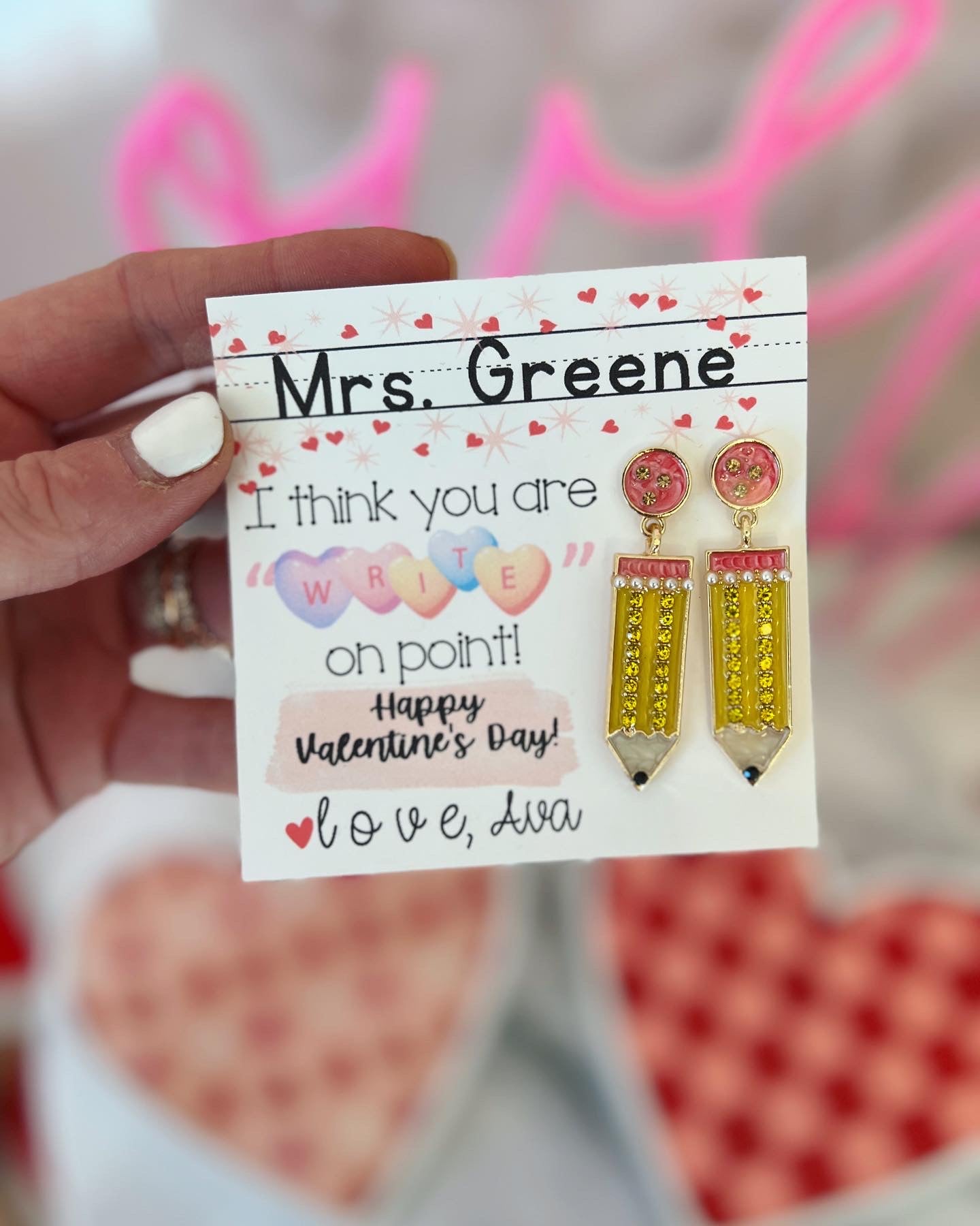 Valentine's Day Teacher Pencil Earrings Gift · Lead & Nickel Free, Hypoallergenic · Box & Ribbon · Personalized Card · US