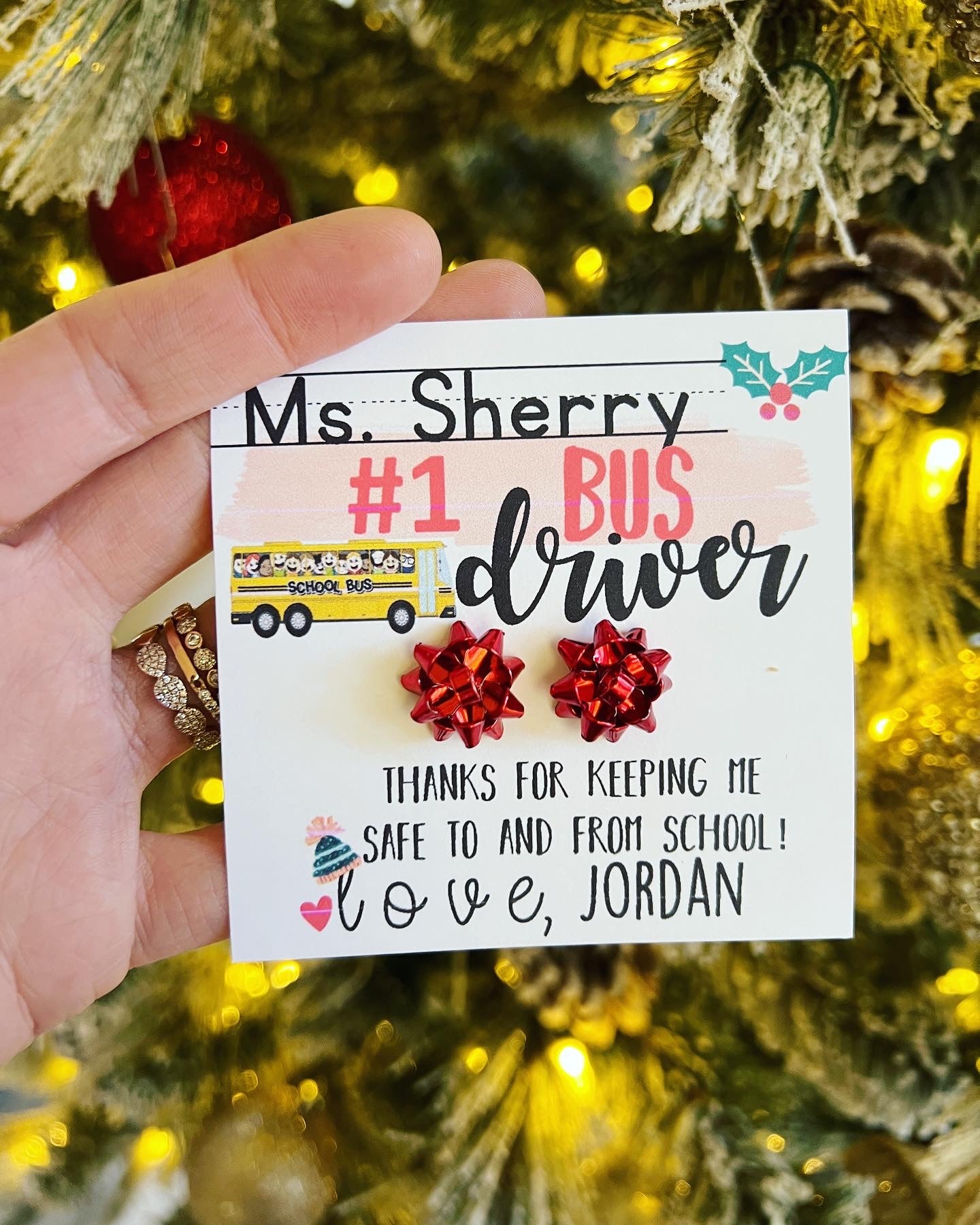 Bus Driver Holiday Christmas gift, Thanks for keeping us safe, Christmas bow earrings, metal bow studs, personalized card, box & ribbon!