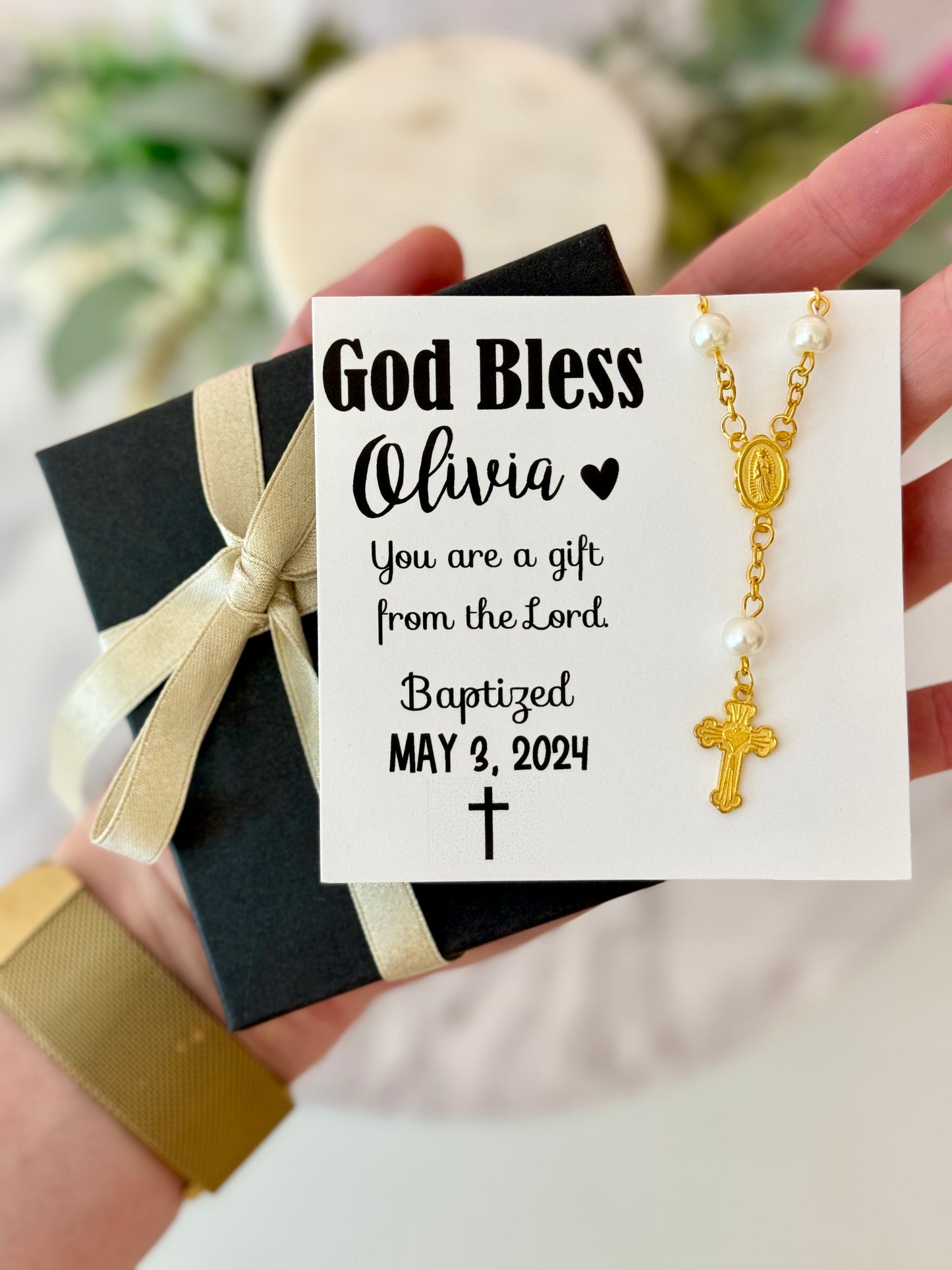 Baby Infant Baptism Gold Cross Bracelet Keepsake with Card, box & ribbon