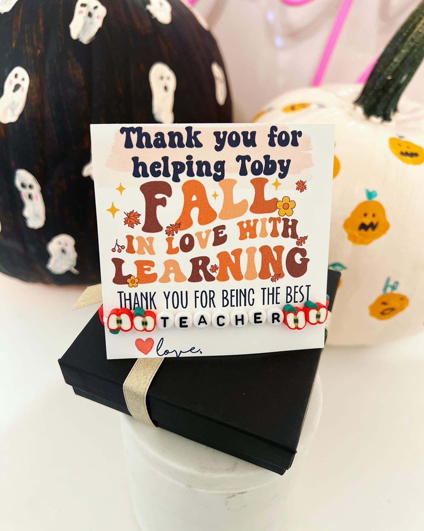 Fall in love with learning Teacher Apple bracelet Appreciation gift! Card, box & ribbon included!