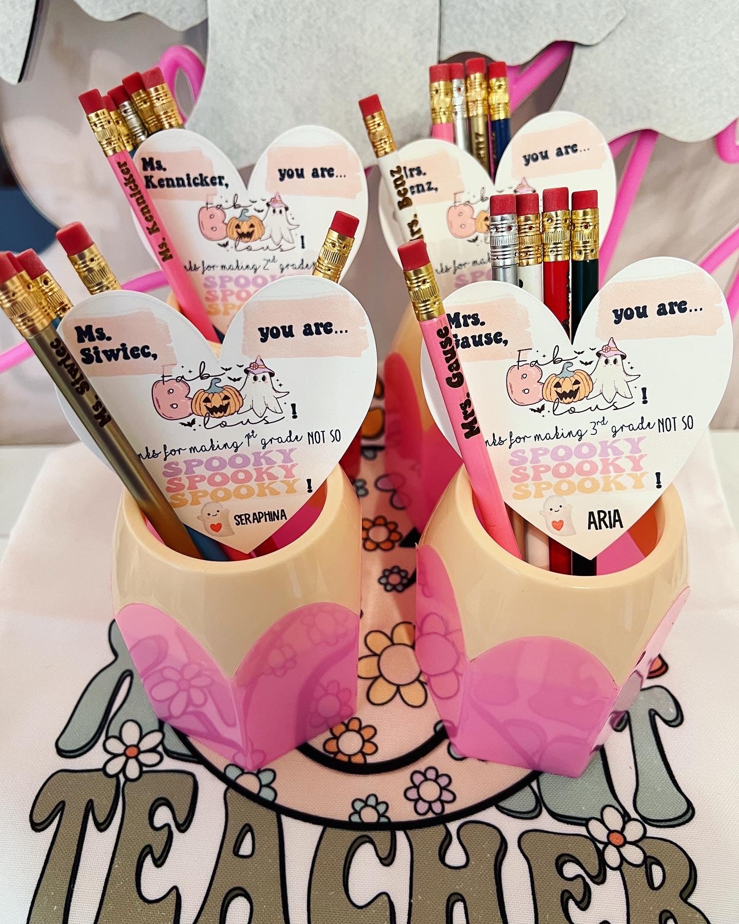 Halloween teacher gift! Engraved Pencils with Pink or Red Pencil cup! Teachers Name personalized! Gift wrap w/heart card, pencil cup holder!