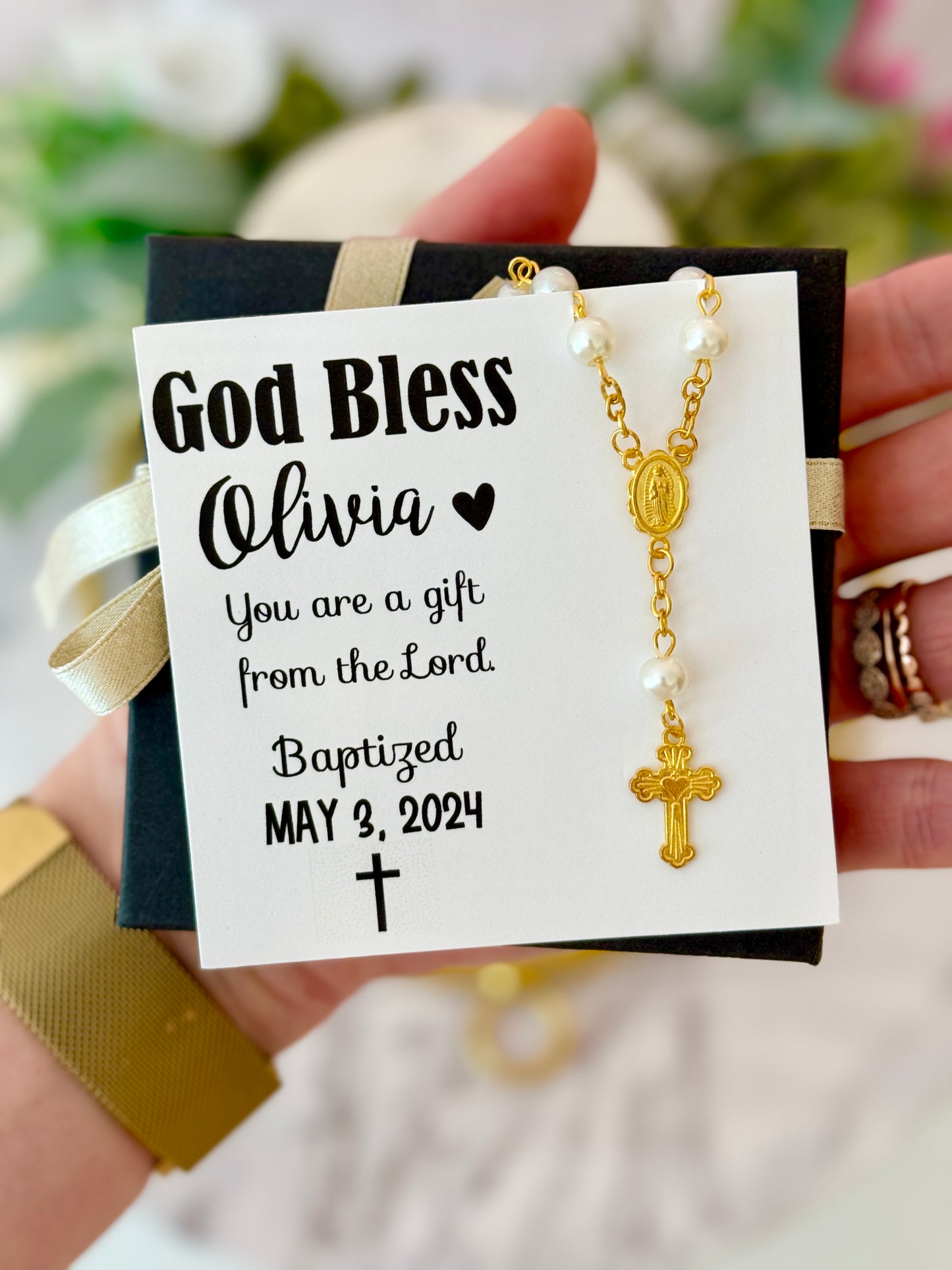 Baby Infant Baptism Gold Cross Bracelet Keepsake with Card, box & ribbon