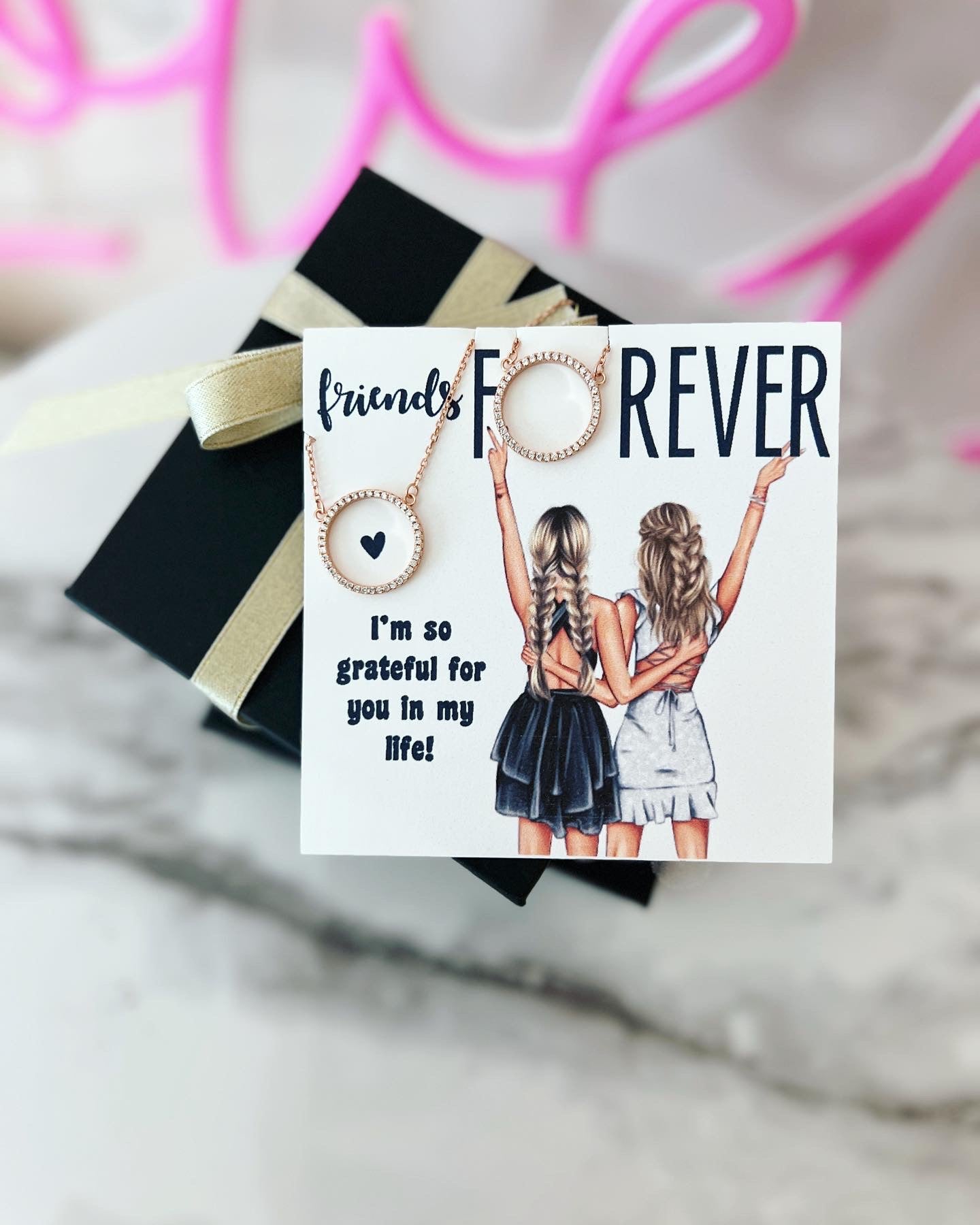 Best Friend Necklaces! Custom Card BFF girls, Two Eternity circle necklaces, card, box + ribbon included!