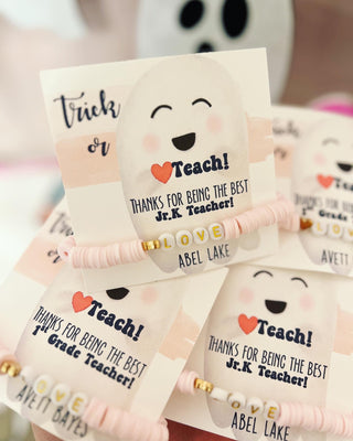 Pink Love Bracelet Halloween Teacher Appreciation gift! Trendy clay disc beads, personalized card, box & ribbon! Teacher Halloween gift!