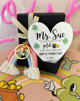 Teacher St. Patrick’s  Day Gift! Macrame Rainbow keychain, Personalized St. Patrick’s Day gift, included with box+ribbon!