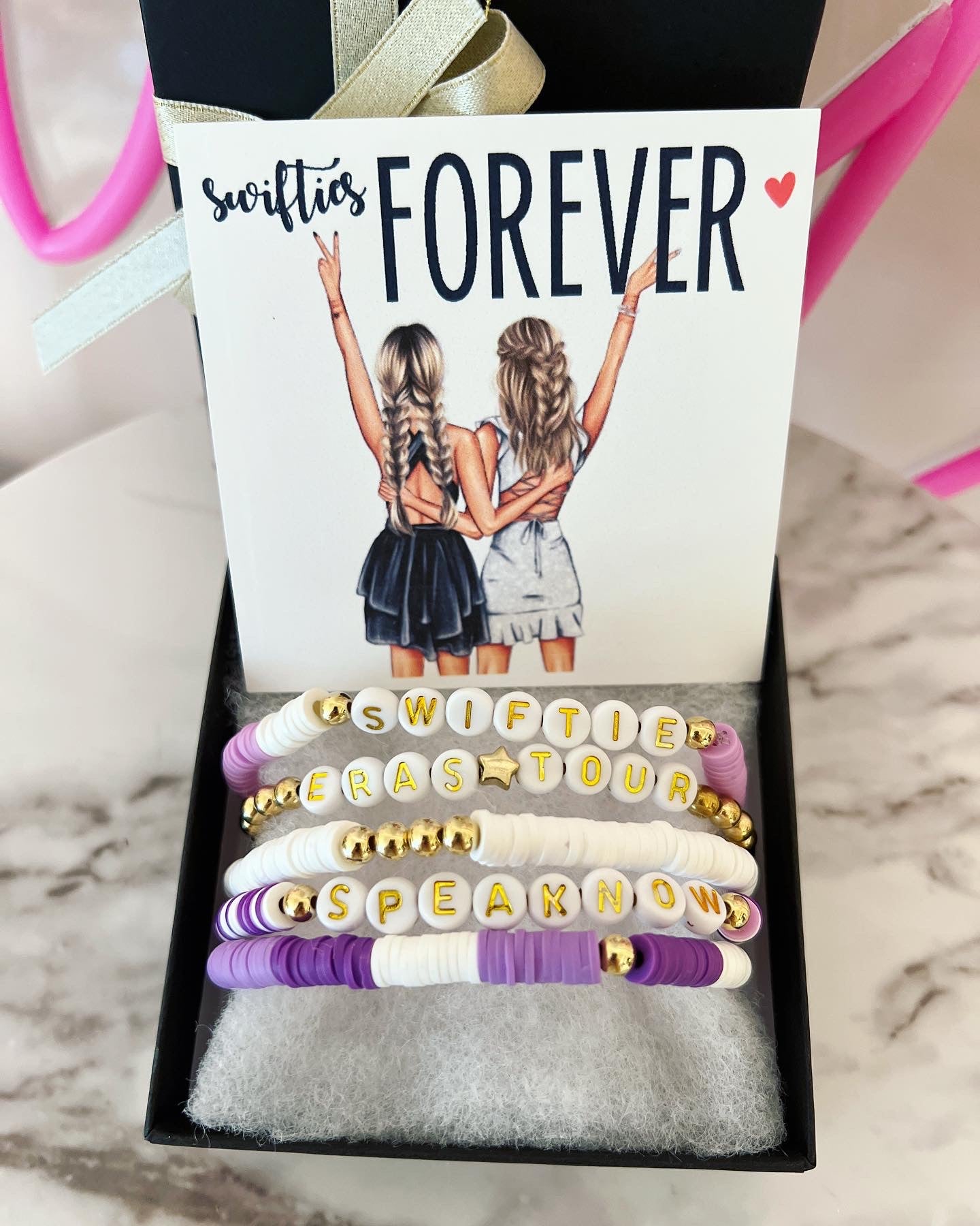 Swifties Forever, Custom Card BFF girls, 5 beaded bracelets, card, box + ribbon included! Friends Forever, Christmas gift!