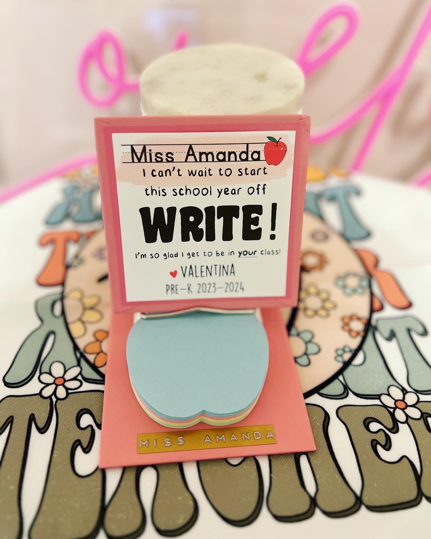 I can't wait to start this year off "write!" First day of school teacher gift!Apple sticky notepad,mini clipboard,personalized card+giftwrap