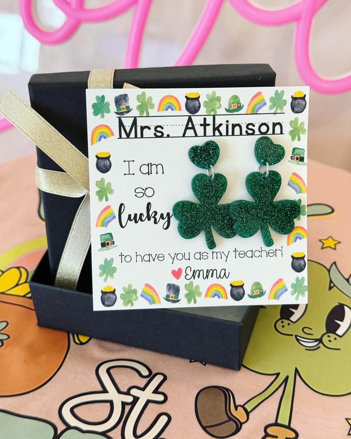 Teacher St. Patrick’s  Day Gift! Clover Earrings! Personalized St. Patrick’s Day gift, included with box+ribbon!