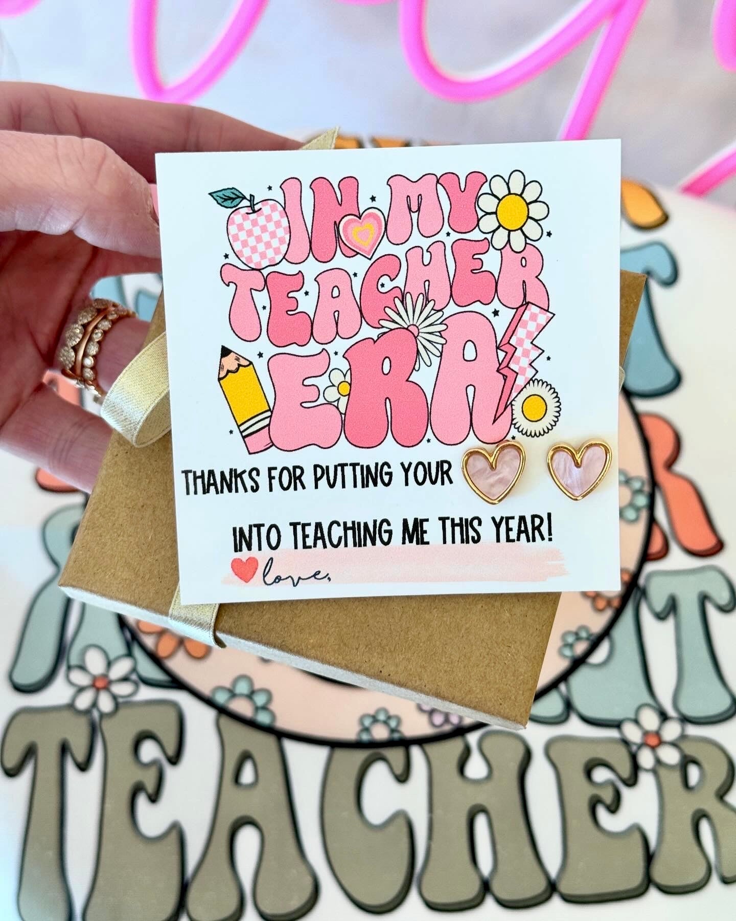 Teacher Appreciation End of year gift, Pink & Gold Heart Stud earrings, box+ ribbon included! In my Teacher Era, heart into teaching earring