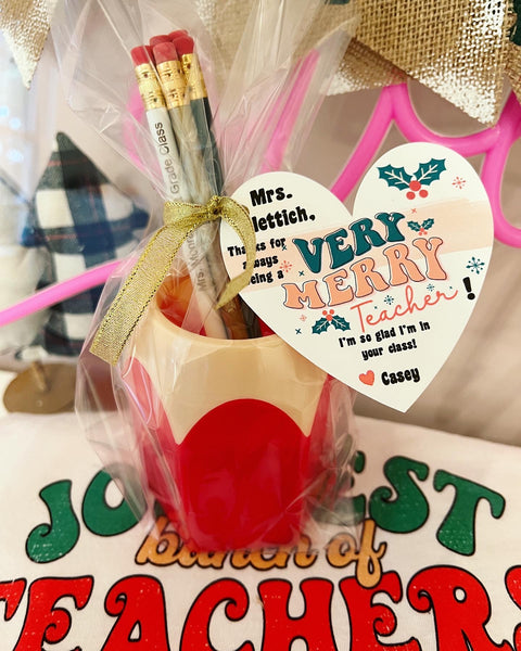 Very Merry Teacher Christmas gift! Engraved Pencils,Pencil cup