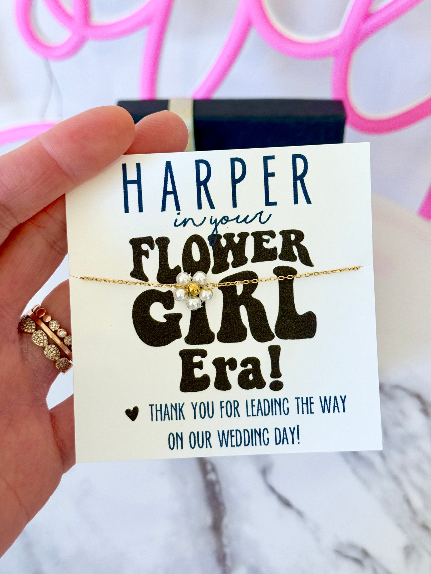 In my Flower Girl Era Necklace! Flower Girl gold & Pearl flower thank you necklace! Card, Box+Ribbon included, NON-TARNISH, hypoallergenic!