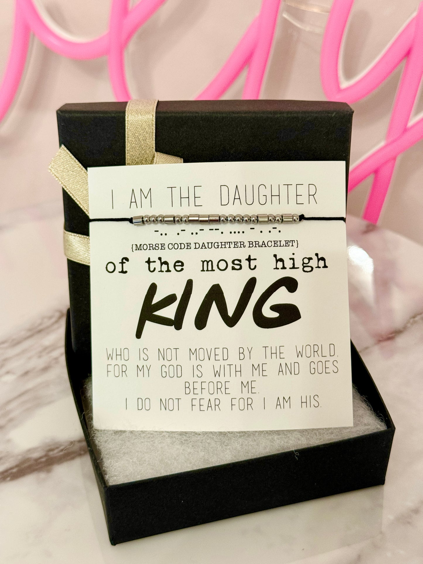 Daughter of the KING Morse Code Bracelet, adjustable, NON-TARNISH, card, gift box + ribbon included!