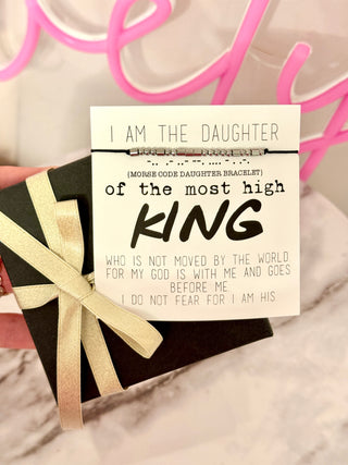 Daughter of the KING Morse Code Bracelet, adjustable, NON-TARNISH, card, gift box + ribbon included!