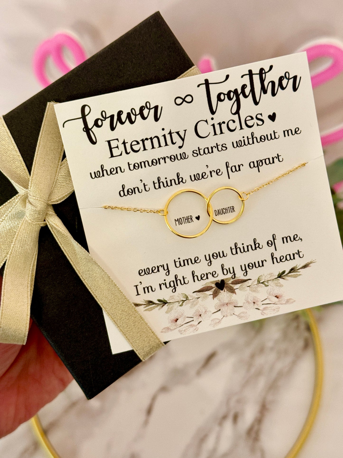 Sympathy Loss of a Loved One, Interlocking Infinity Circles Necklace, NON-TARNISH, Dainty & hypoallergenic, includes card, box & ribbon