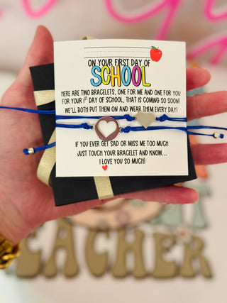 1st Day of school bracelets (Pink or Blue) Write it in yourself! Card, bracelets, box and ribbon