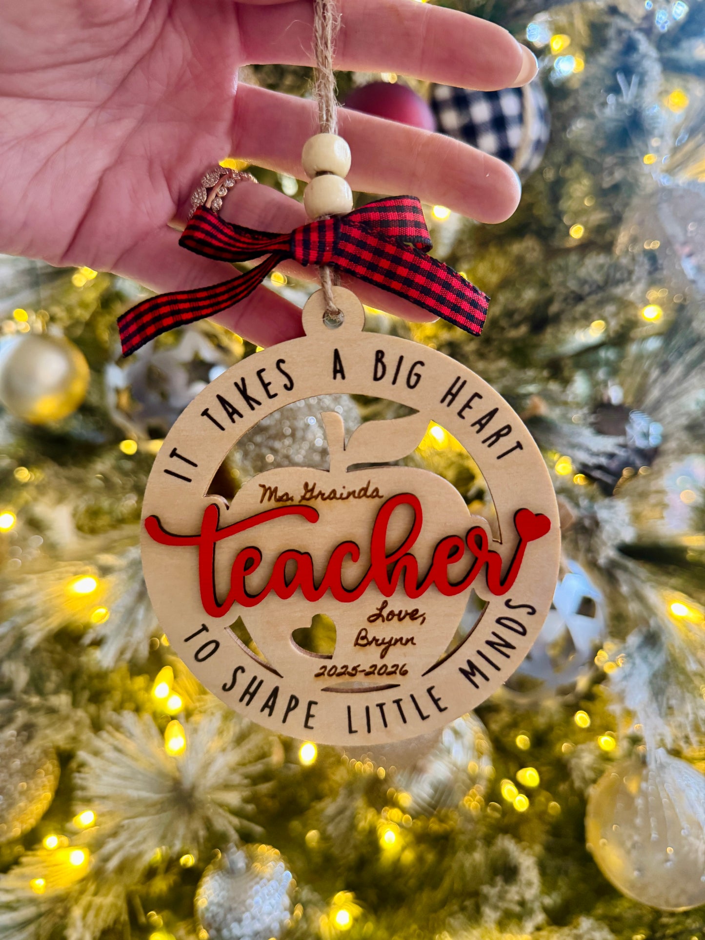 Teacher Ornament, 2025-2026 year, It takes a big heart to shape little minds, personalized with teacher name, from name & date