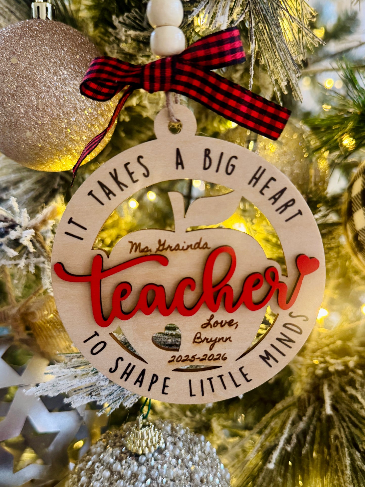 Teacher Ornament, 2025-2026 year, It takes a big heart to shape little minds, personalized with teacher name, from name & date