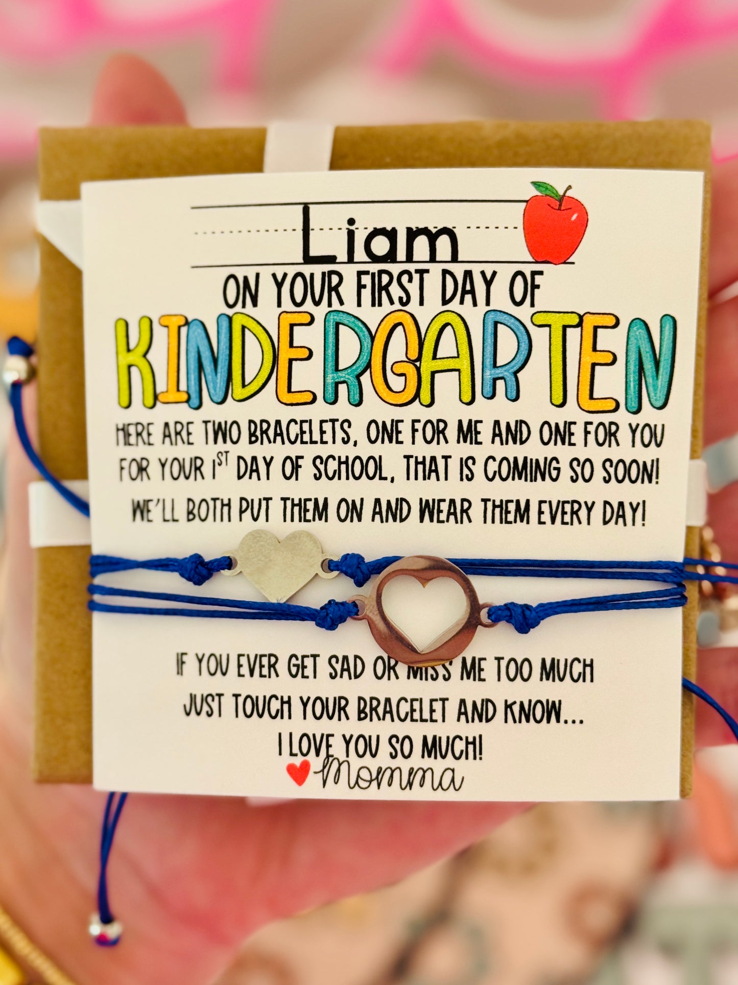 First Day of School! Mommy & Son Adjustable blue rope cord star OR heart Bracelet set. Includes personalized card, box & ribbon too!