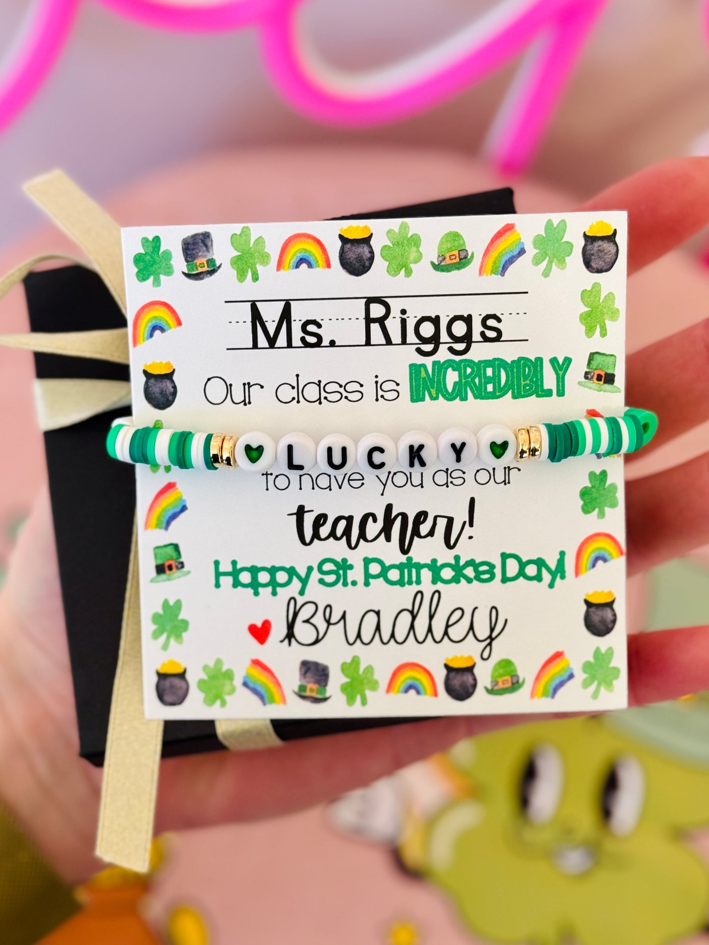 Teacher St. Patrick’s  Day Gift! Lucky Bracelet! Personalized St. Patrick’s Day gift, included with box+ribbon!