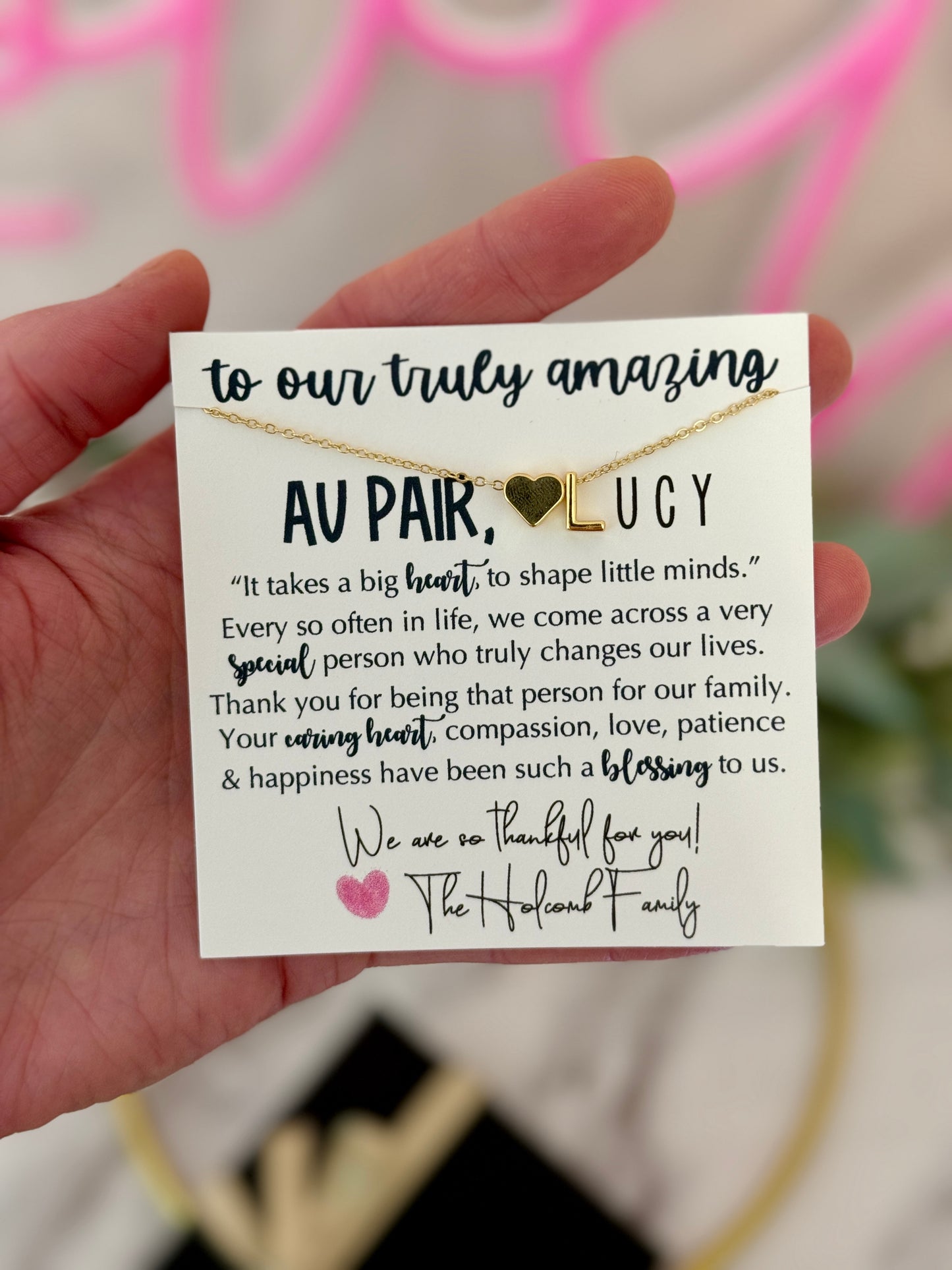 Au Pair, Nanny, Babysitter Gift! Gold or Silver Initial Necklace! Box & ribbon included!