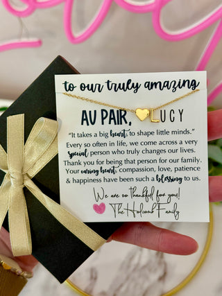 Au Pair, Nanny, Babysitter Gift! Gold or Silver Initial Necklace! Box & ribbon included!