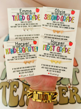 First Day of School 3 Hearts Necklace (Non-Tarnish) with card, box & ribbon!