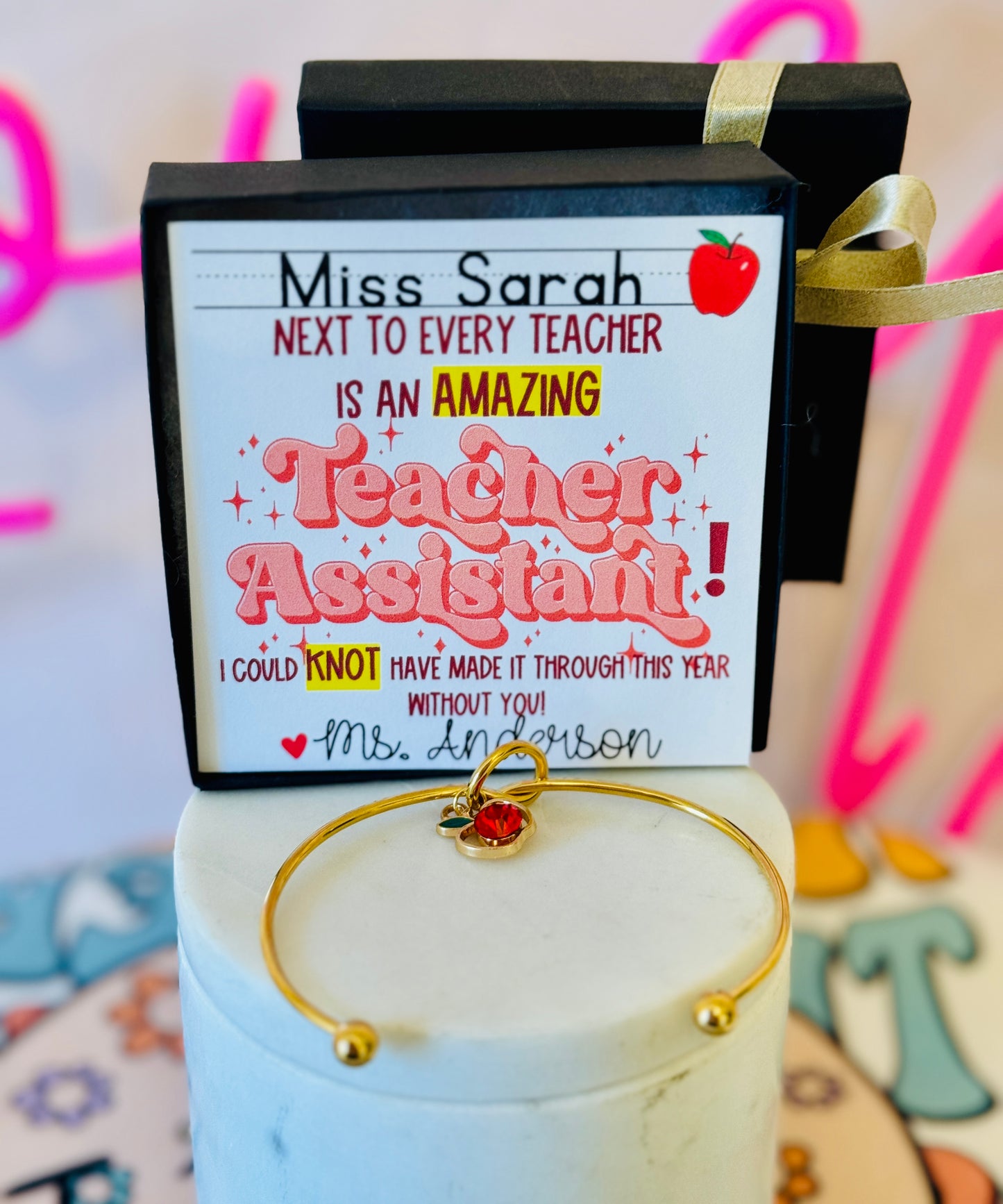 Teacher Assistant Gift Knot Bangle w/Apple Charm! Personalized card, Box & Ribbon included!Teacher appreciation thank you gift! NON-TARNISH!