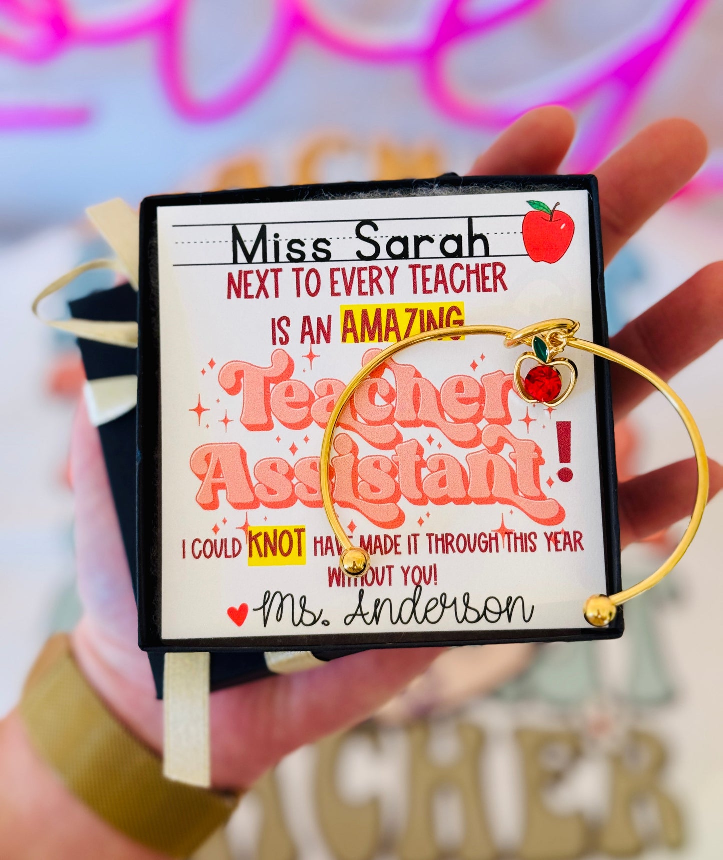 Teacher Assistant Gift Knot Bangle w/Apple Charm! Personalized card, Box & Ribbon included!Teacher appreciation thank you gift! NON-TARNISH!