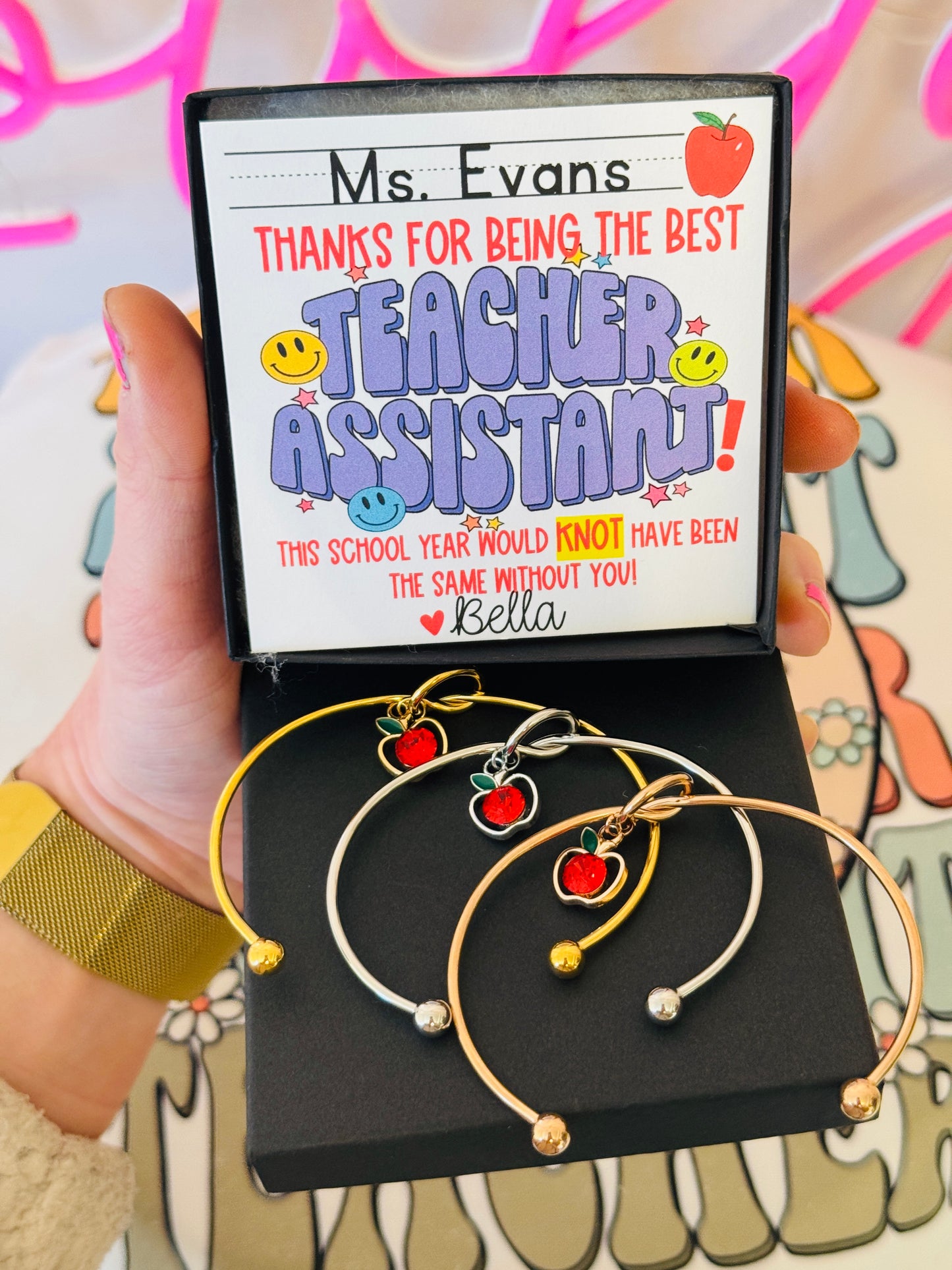 Teacher Assistant Gift Knot Bangle w/Apple Charm! Personalized card, Box & Ribbon included!Teacher appreciation thank you gift! NON-TARNISH! Purple Font!