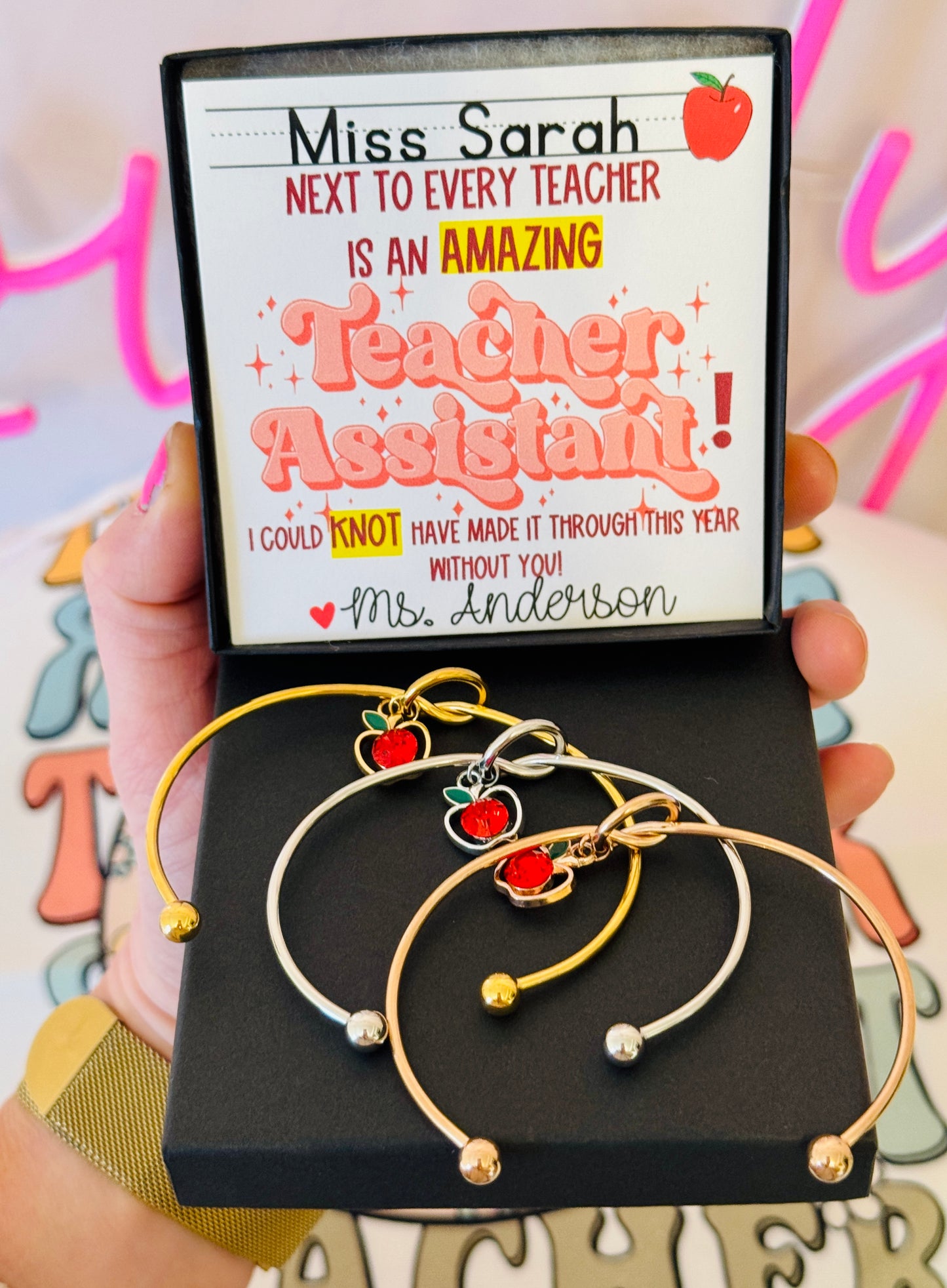 Teacher Assistant Gift Knot Bangle w/Apple Charm! Personalized card, Box & Ribbon included!Teacher appreciation thank you gift! NON-TARNISH!