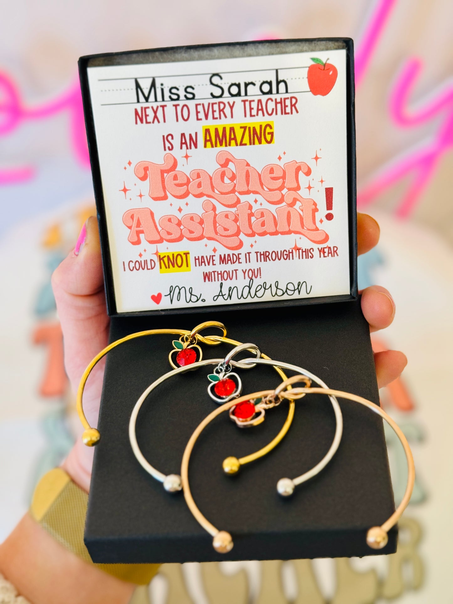 Teacher Assistant Gift Knot Bangle w/Apple Charm! Personalized card, Box & Ribbon included!Teacher appreciation thank you gift! NON-TARNISH!