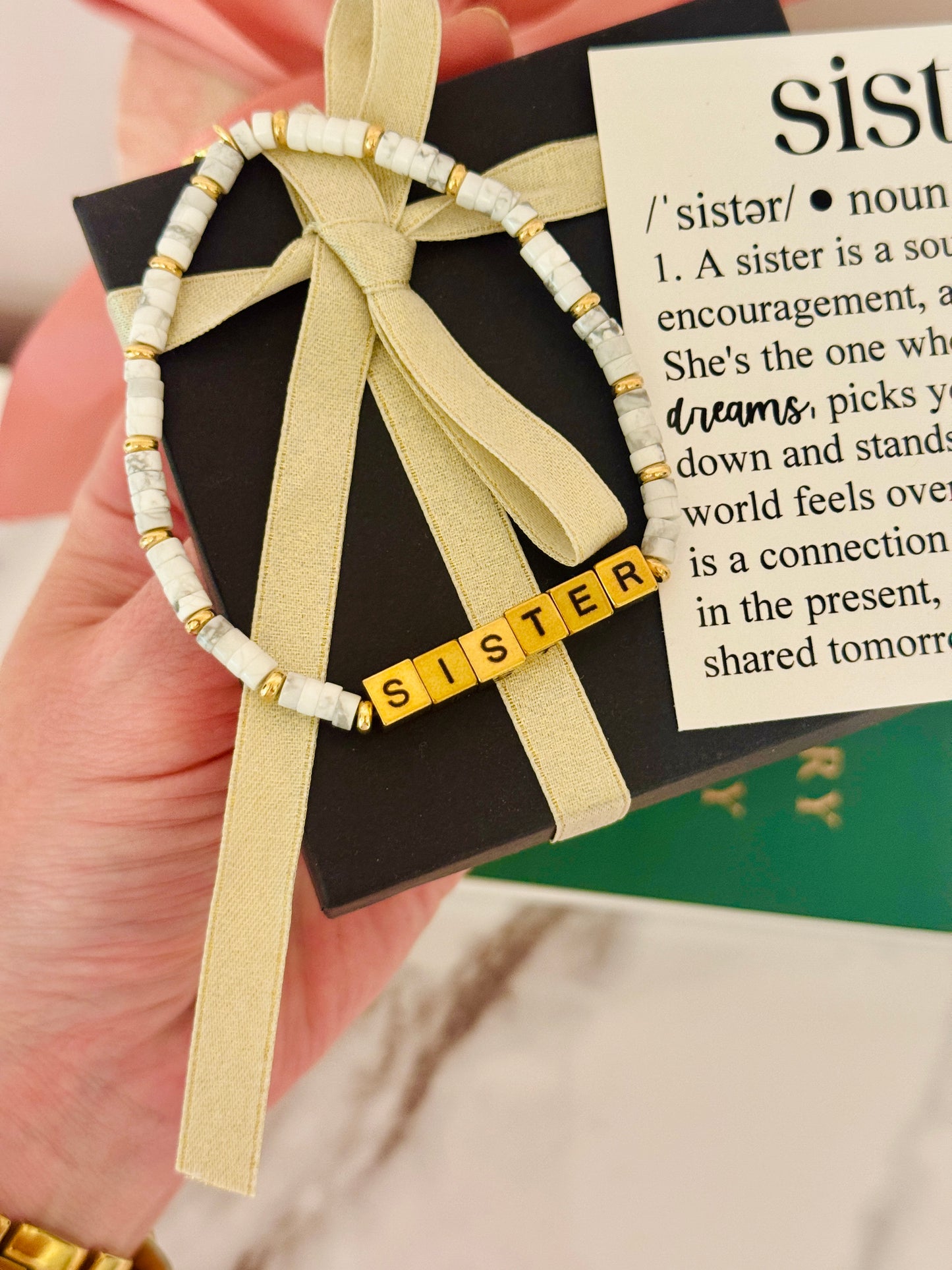 Sister Definition Card & Non-Tarnish Beaded bracelet! Box & ribbon included!