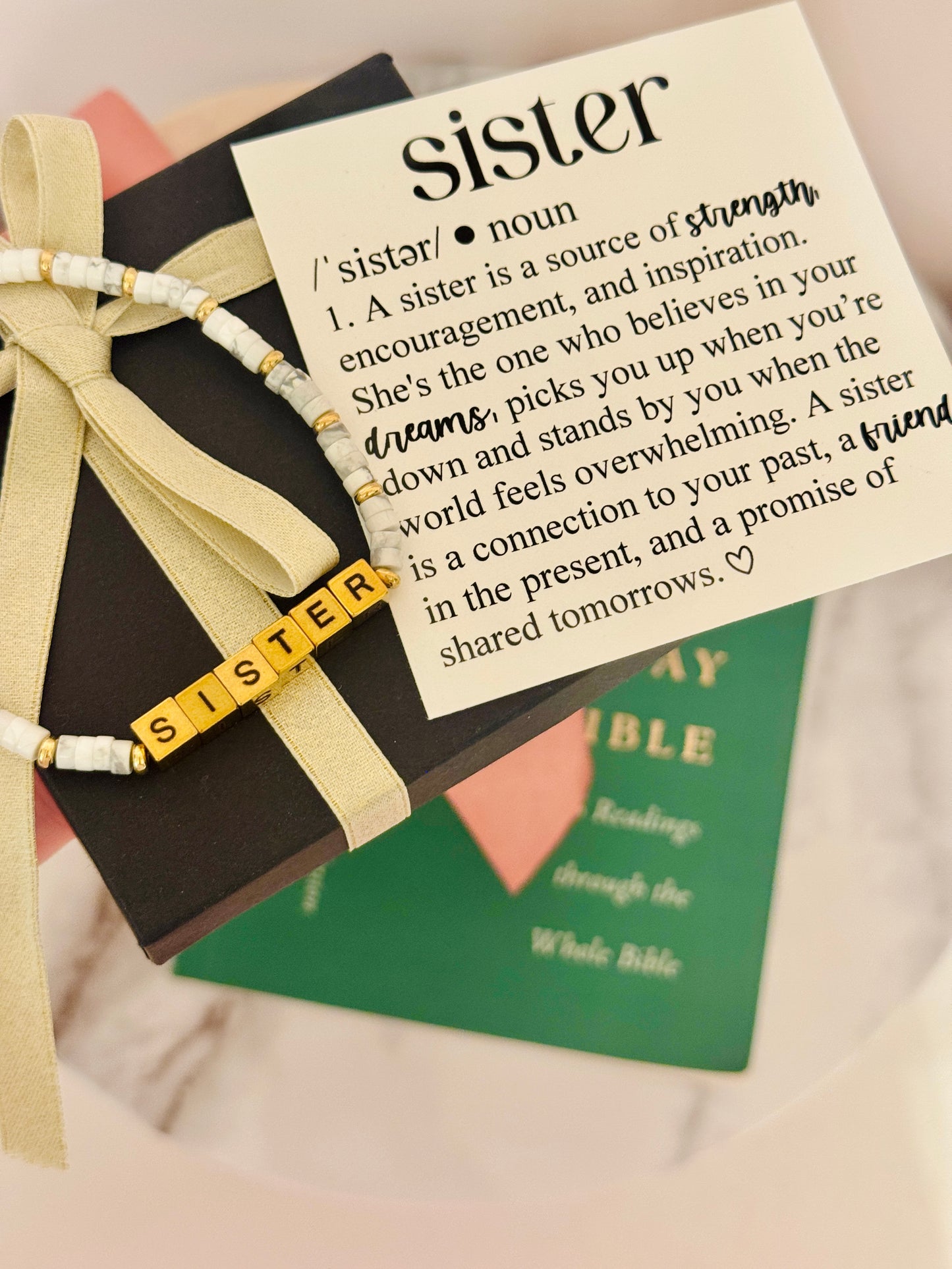 Sister Definition Card & Non-Tarnish Beaded bracelet! Box & ribbon included!