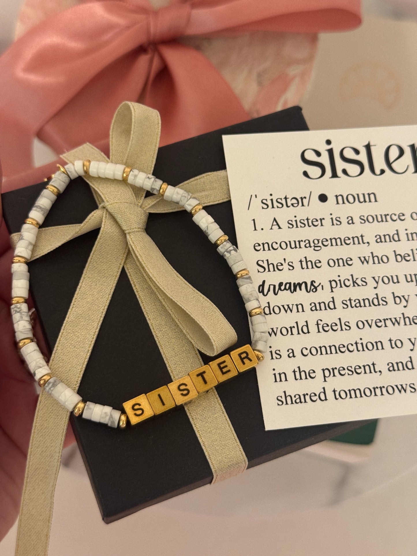 Sister Definition Card & Non-Tarnish Beaded bracelet! Box & ribbon included!