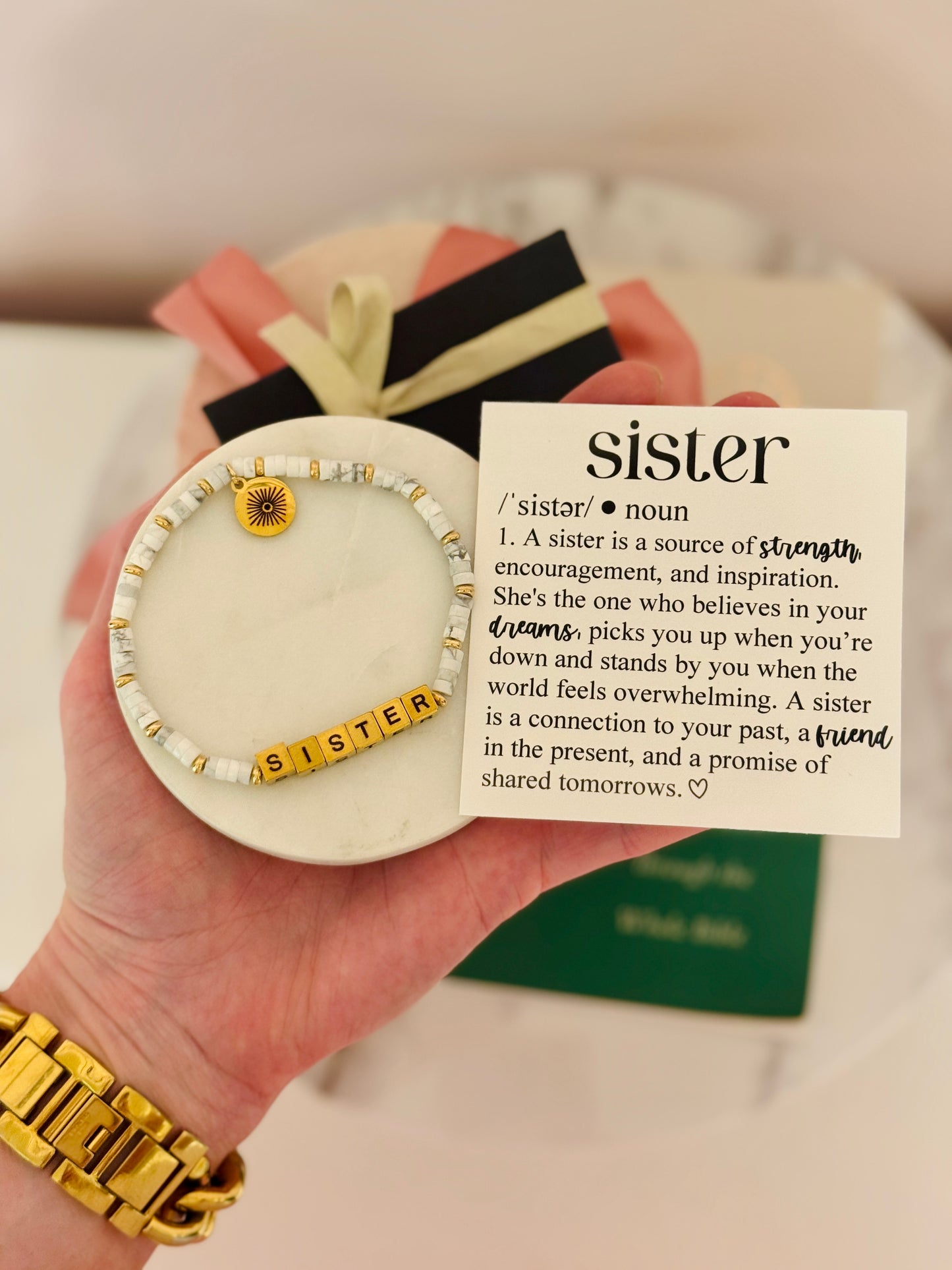 Sister Definition Card & Non-Tarnish Beaded bracelet! Box & ribbon included!