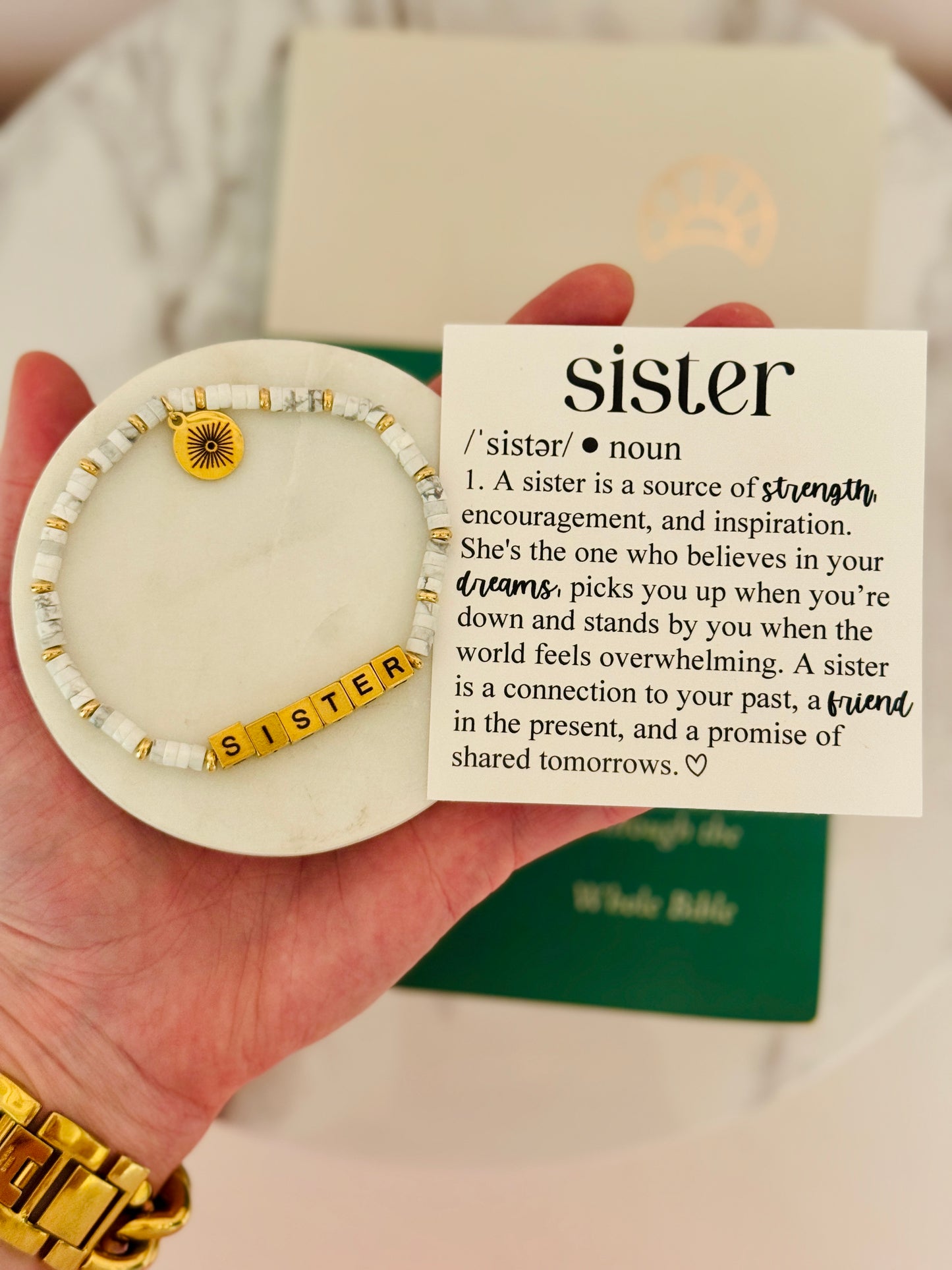 Sister Definition Card & Non-Tarnish Beaded bracelet! Box & ribbon included!