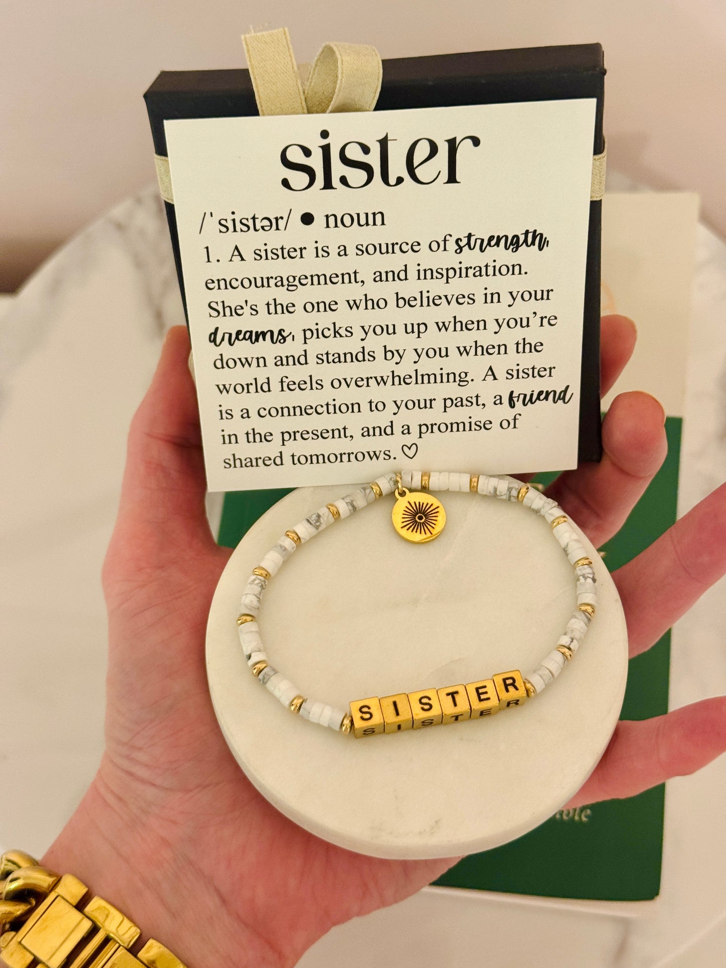 Sister Definition Card & Non-Tarnish Beaded bracelet! Box & ribbon included!