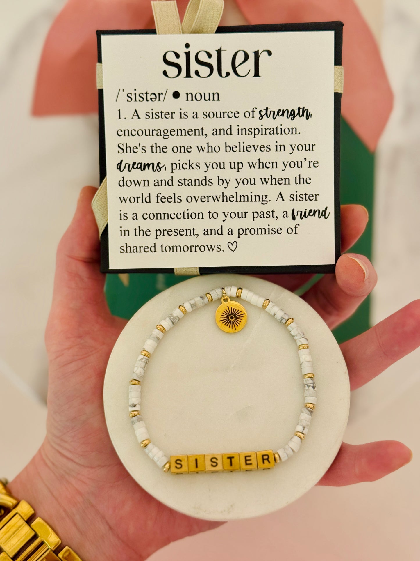 Sister Definition Card & Non-Tarnish Beaded bracelet! Box & ribbon included!