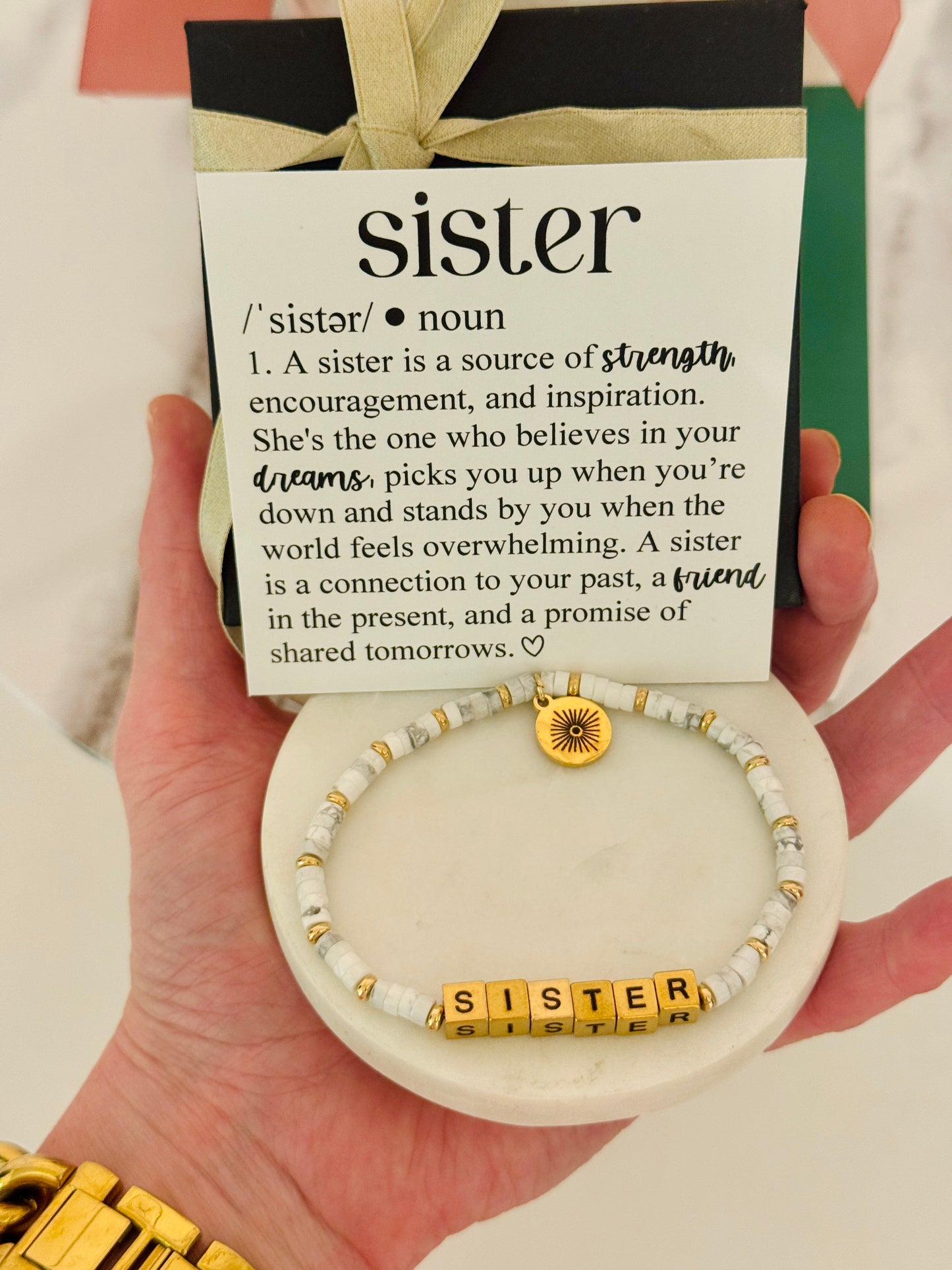 Sister Definition Card & Non-Tarnish Beaded bracelet! Box & ribbon included!