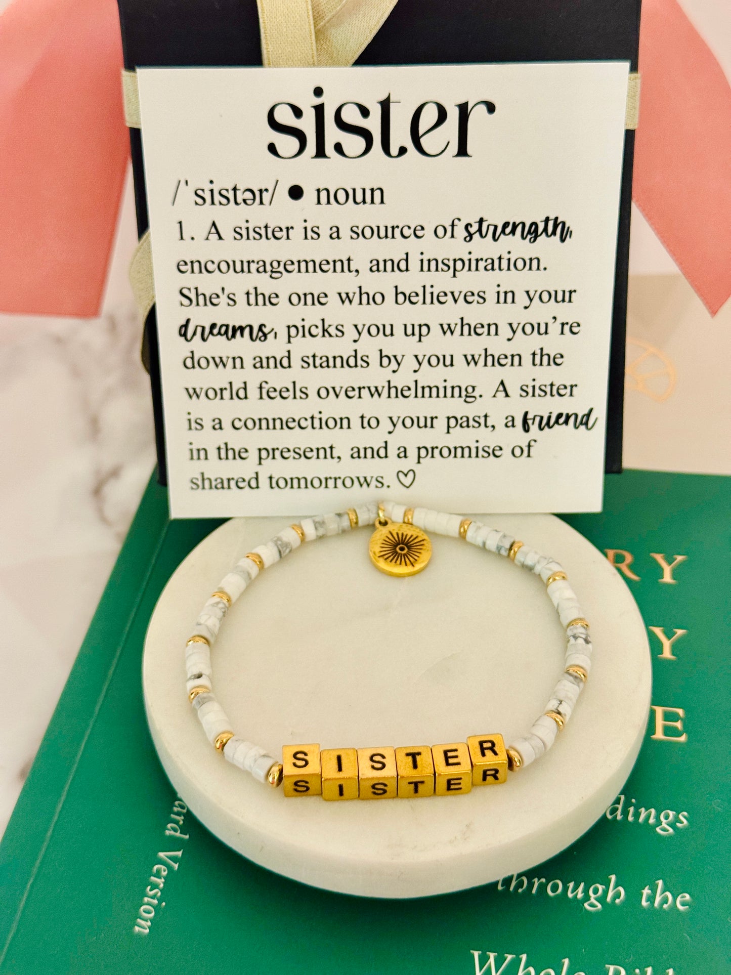 Sister Definition Card & Non-Tarnish Beaded bracelet! Box & ribbon included!