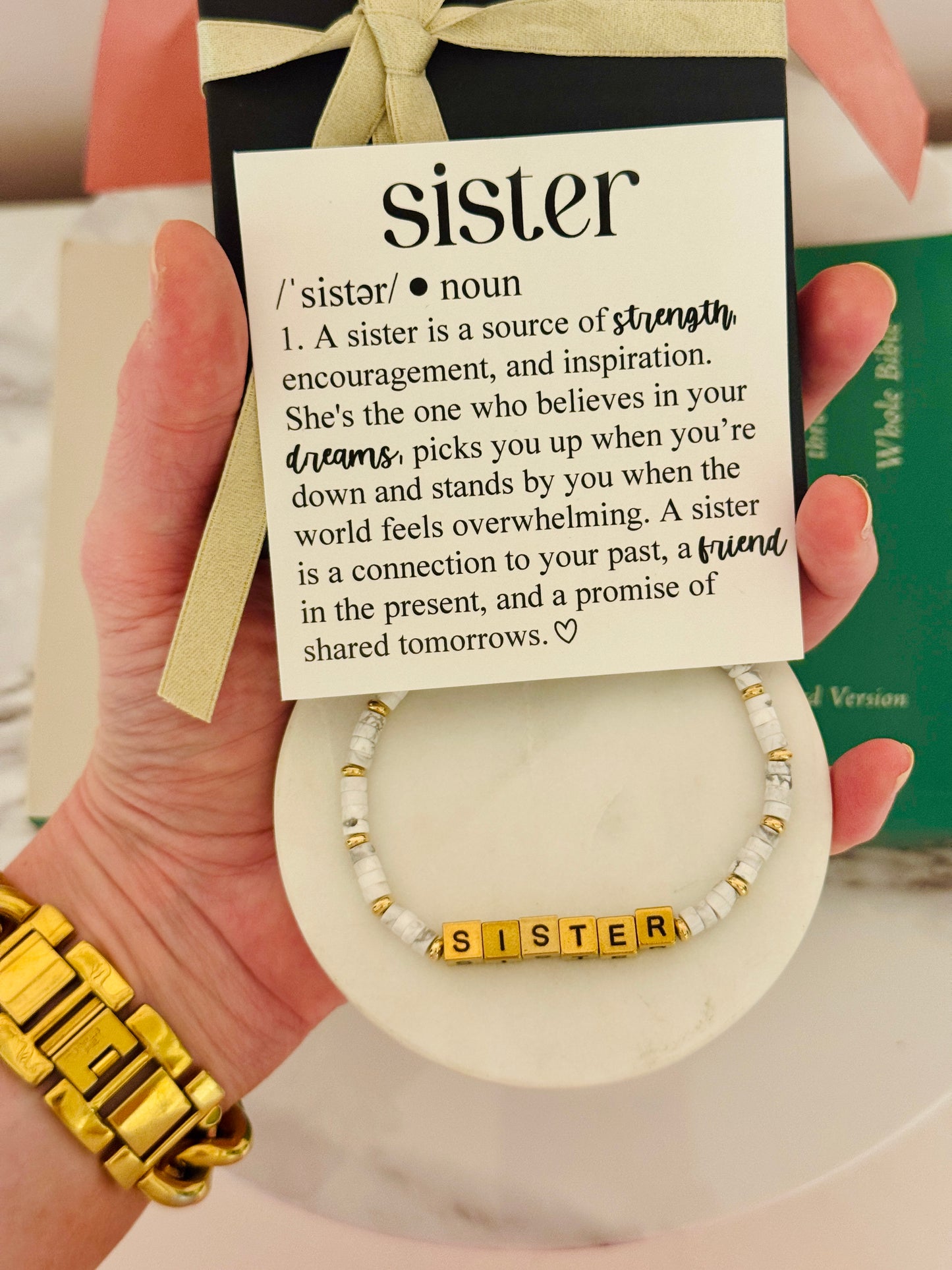 Sister Definition Card & Non-Tarnish Beaded bracelet! Box & ribbon included!