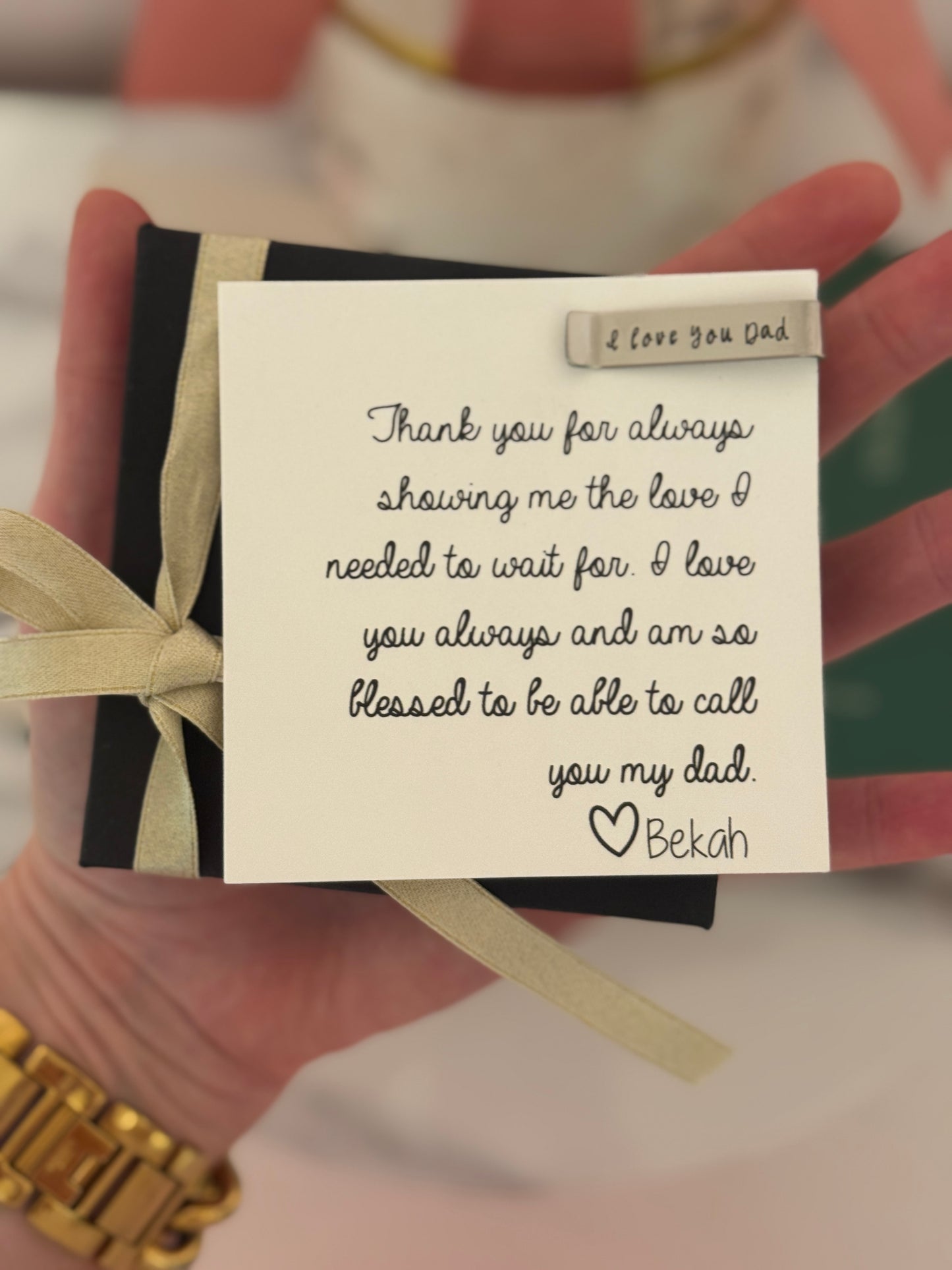Thank you for always showing me the love that I deserve, Laser engraved "I love you Dad" tie bar, personalized card, box and ribbon!