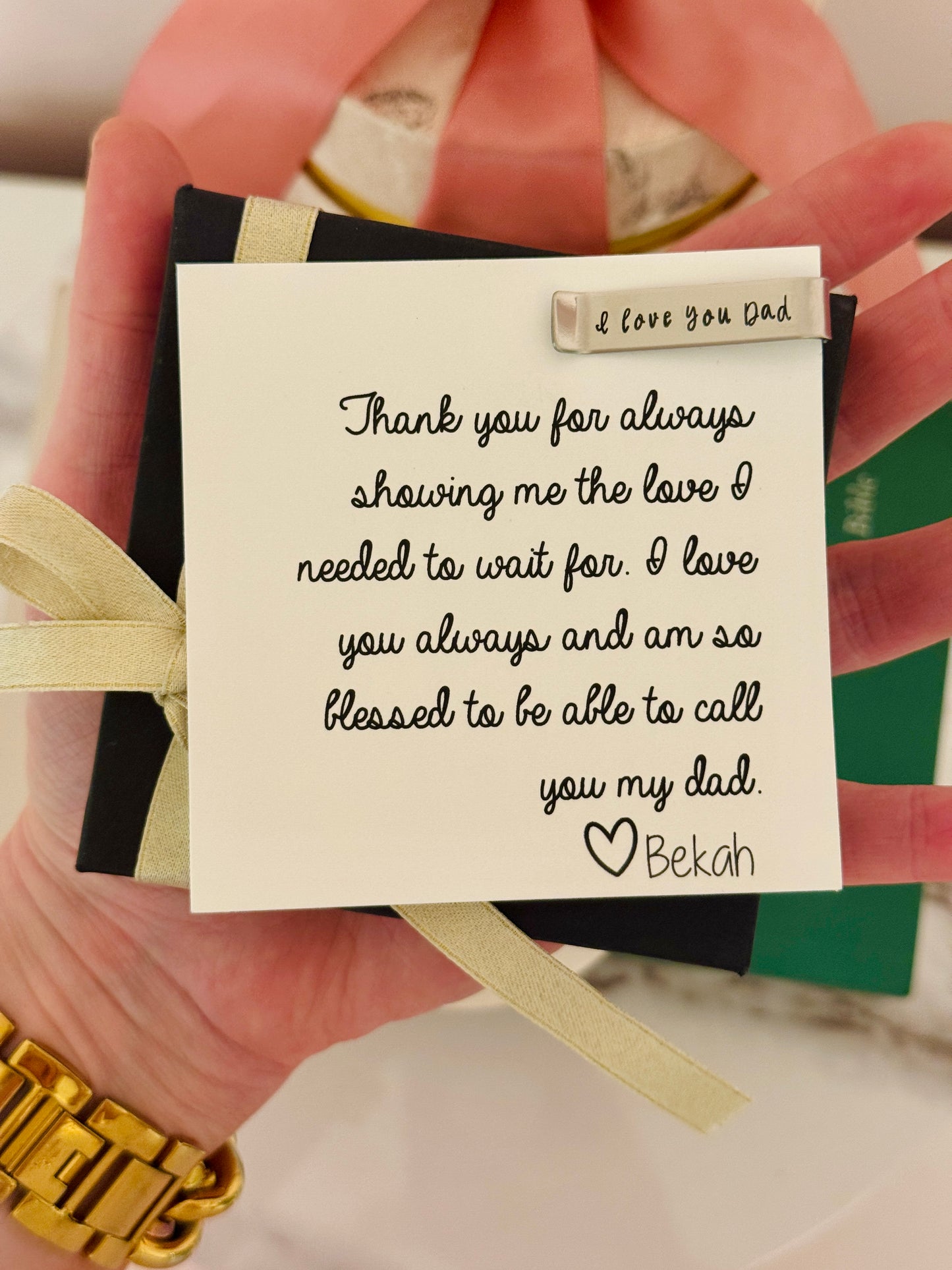 Thank you for always showing me the love that I deserve, Laser engraved "I love you Dad" tie bar, personalized card, box and ribbon!