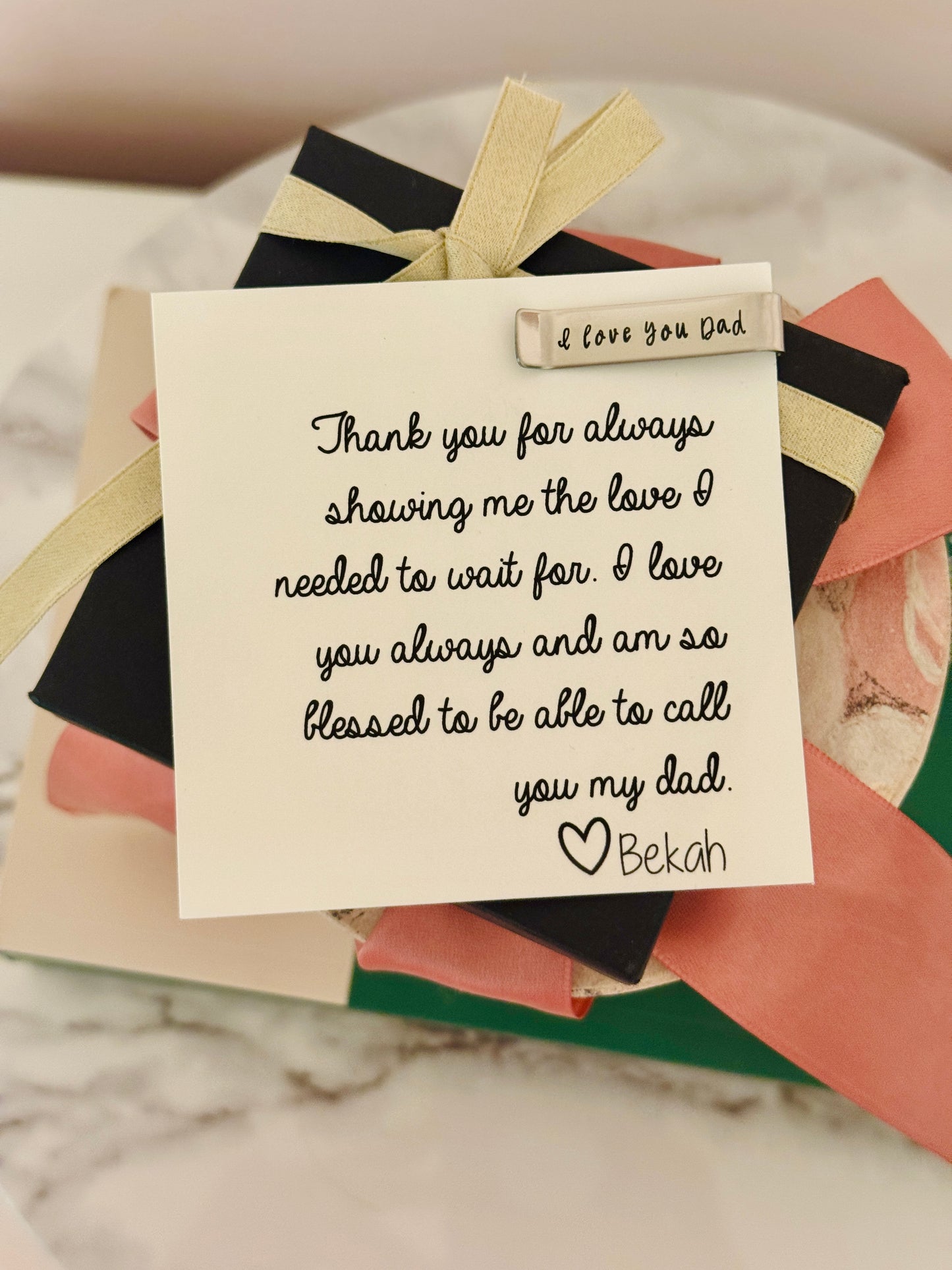 Thank you for always showing me the love that I deserve, Laser engraved "I love you Dad" tie bar, personalized card, box and ribbon!