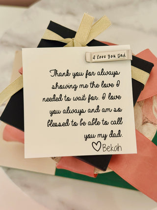 Thank you for always showing me the love that I deserve, Laser engraved "I love you Dad" tie bar, personalized card, box and ribbon!