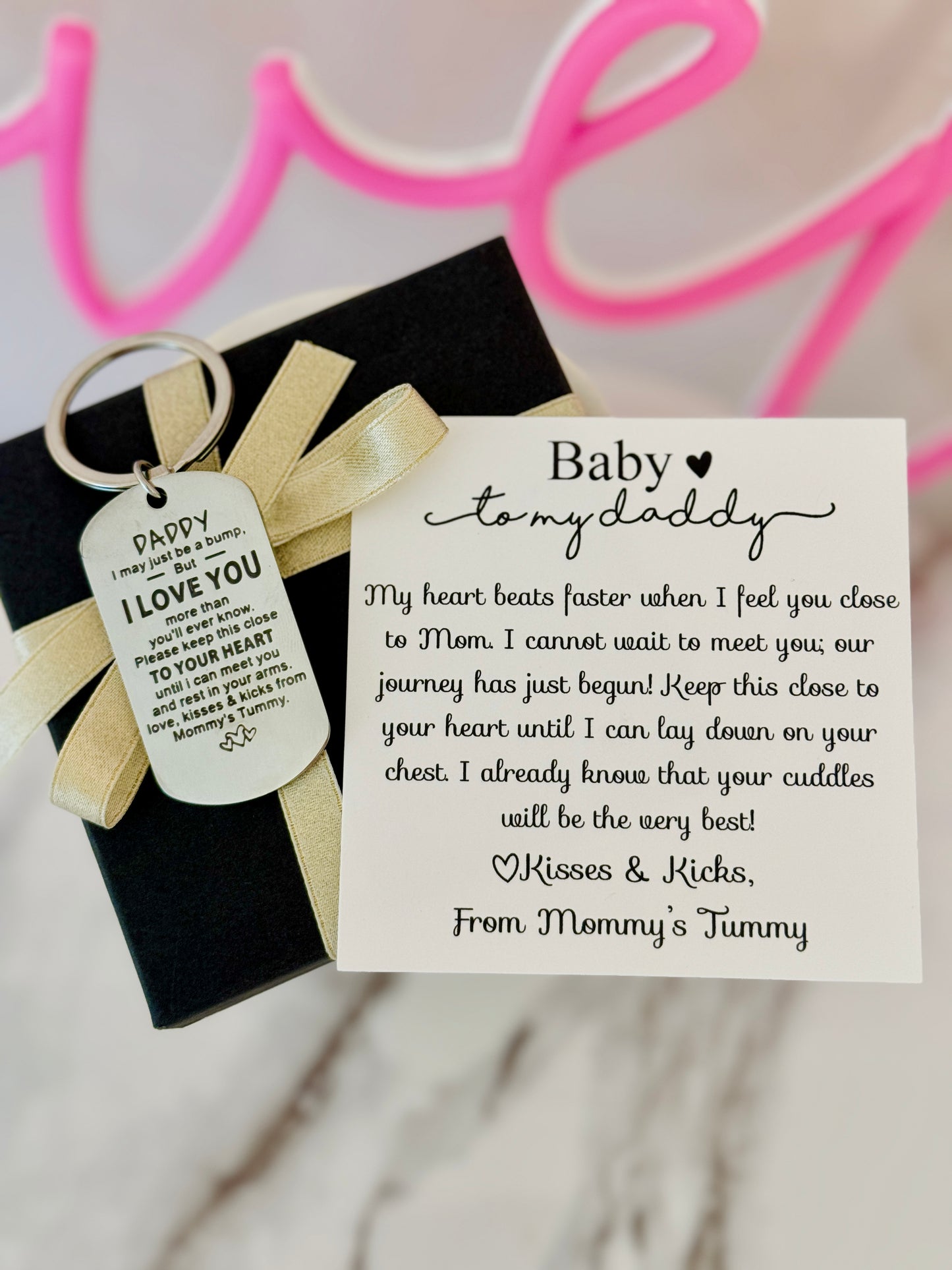 To my Daddy, New Dad Stainless Steel Laser Engraved Keychain with card, box & ribbon!