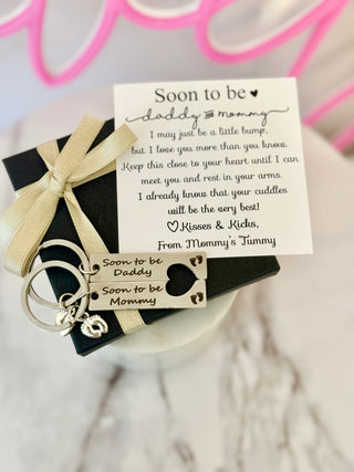 New Mom & Dad Laser Engraved Keychain set! Card, box & ribbon included!