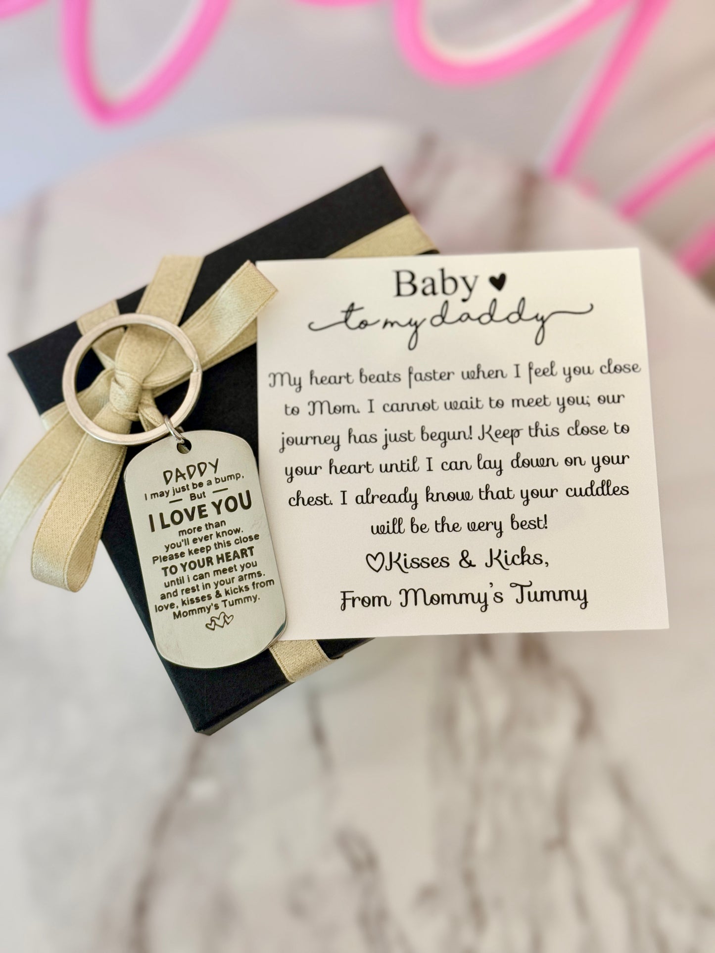 To my Daddy, New Dad Stainless Steel Laser Engraved Keychain with card, box & ribbon!