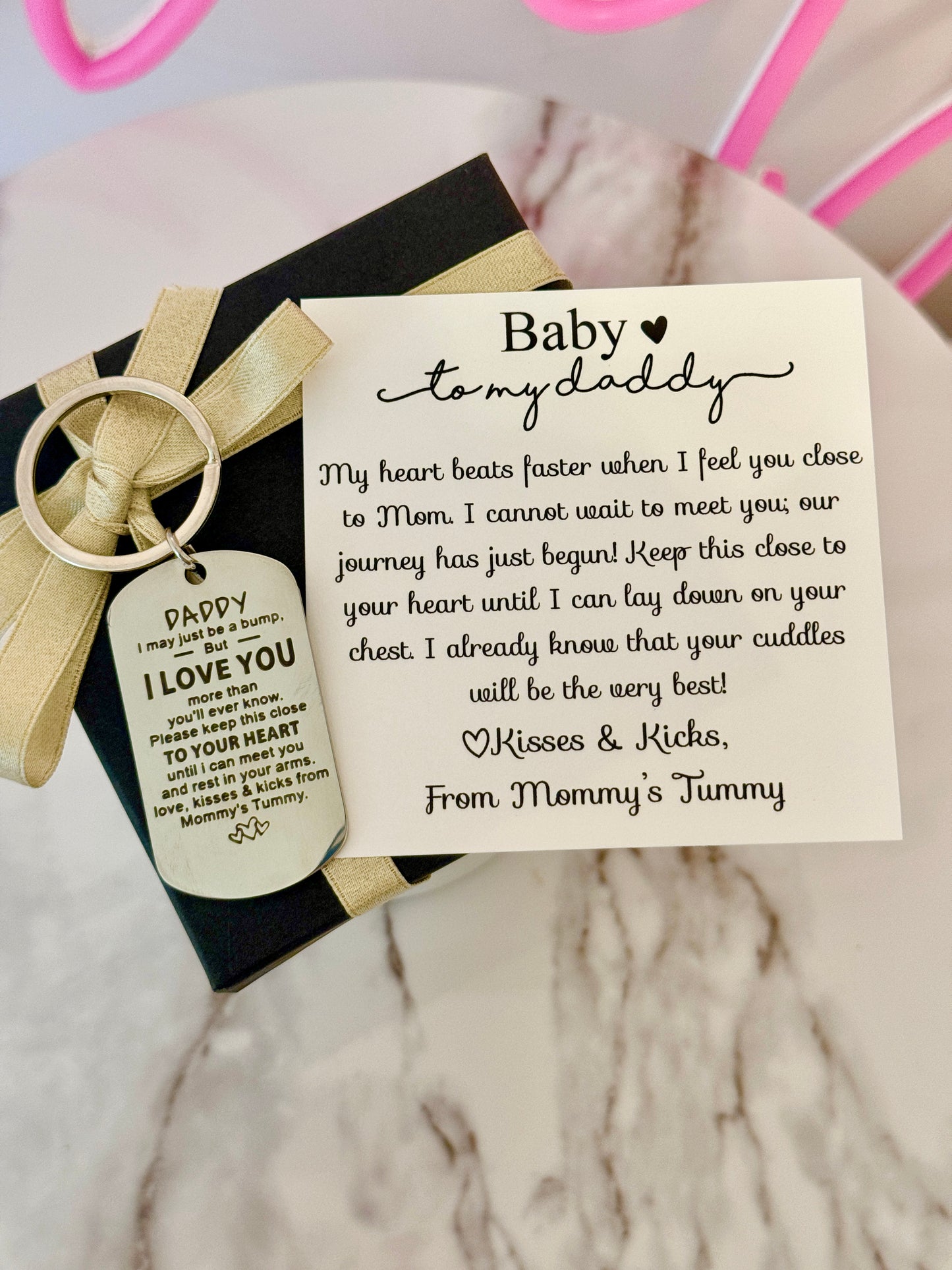 To my Daddy, New Dad Stainless Steel Laser Engraved Keychain with card, box & ribbon!