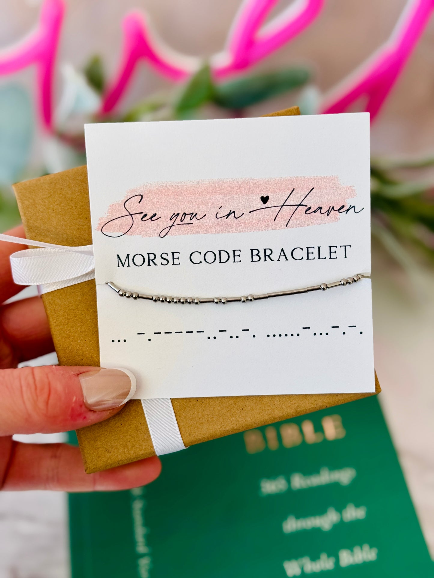 See you in Heaven,  Morse Code bracelet, encouragement gift, loss of loved one, gift of loss, card, box + ribbon included!